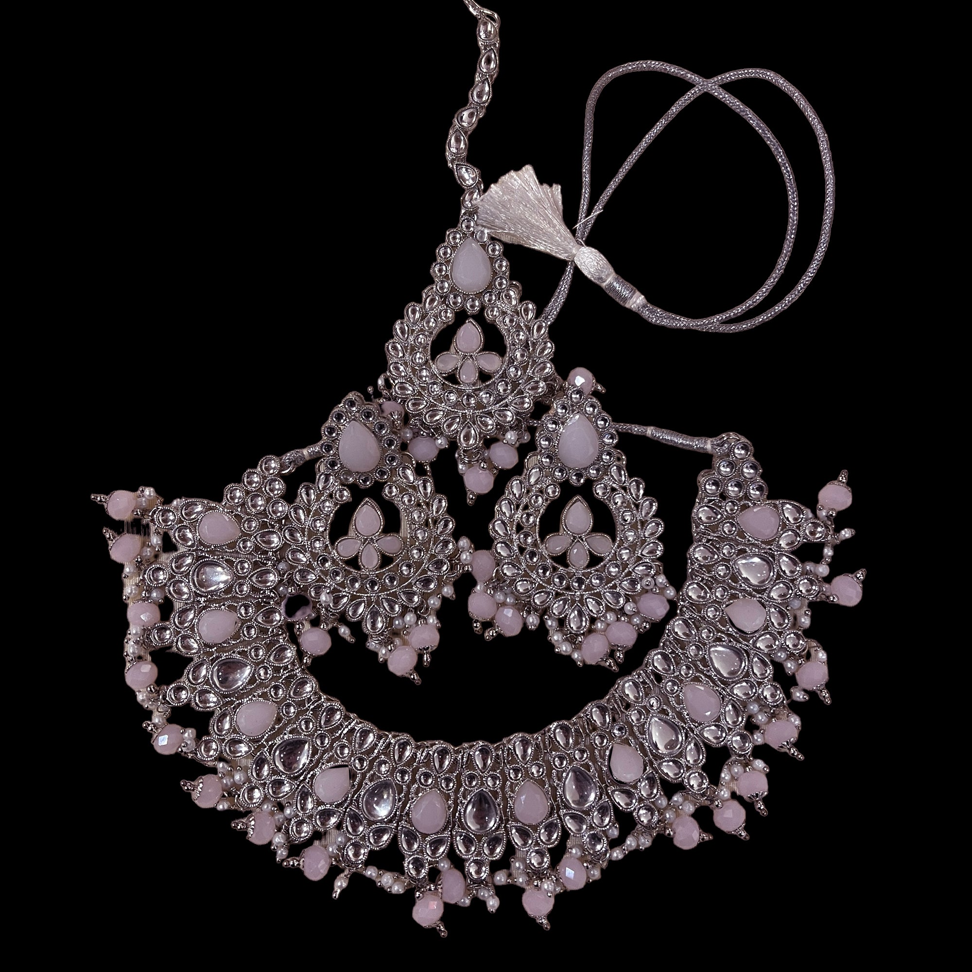 DT Silver White Stone Chandbali Necklace Sets-3 Colors - Vintage India NYC