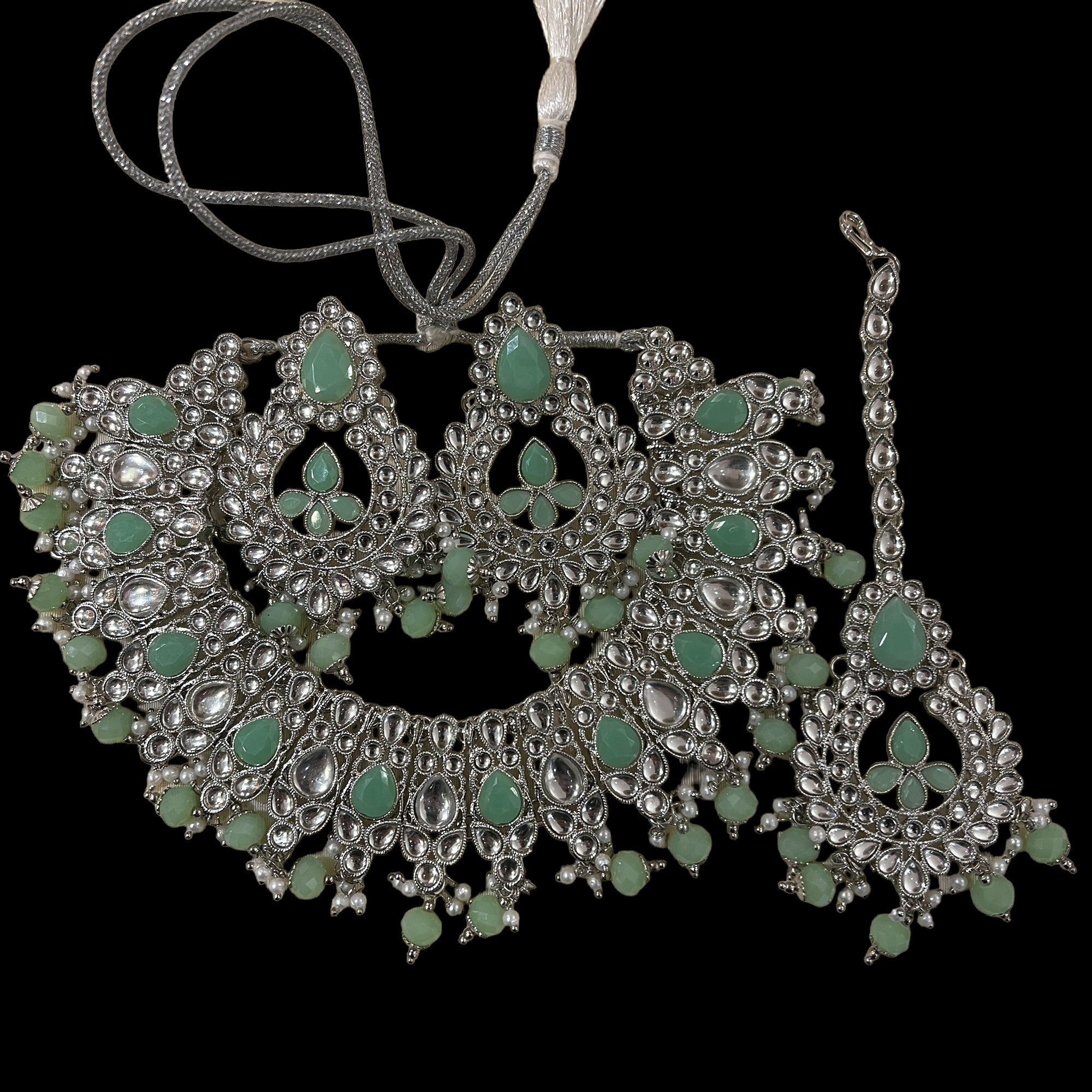 DT Silver White Stone Chandbali Necklace Sets-3 Colors - Vintage India NYC