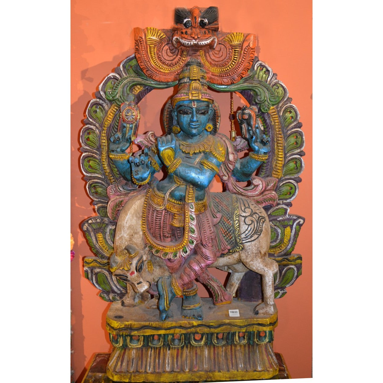 Hand carved & painted Krishna statue - Vintage India NYC