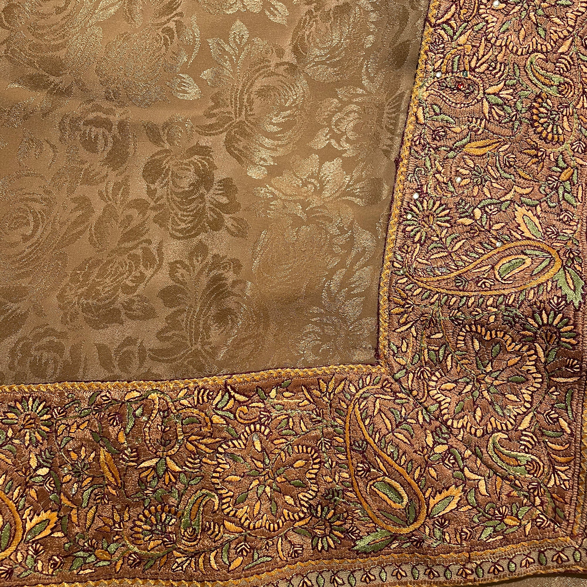 Tan Floral Silk Saree - Vintage India NYC