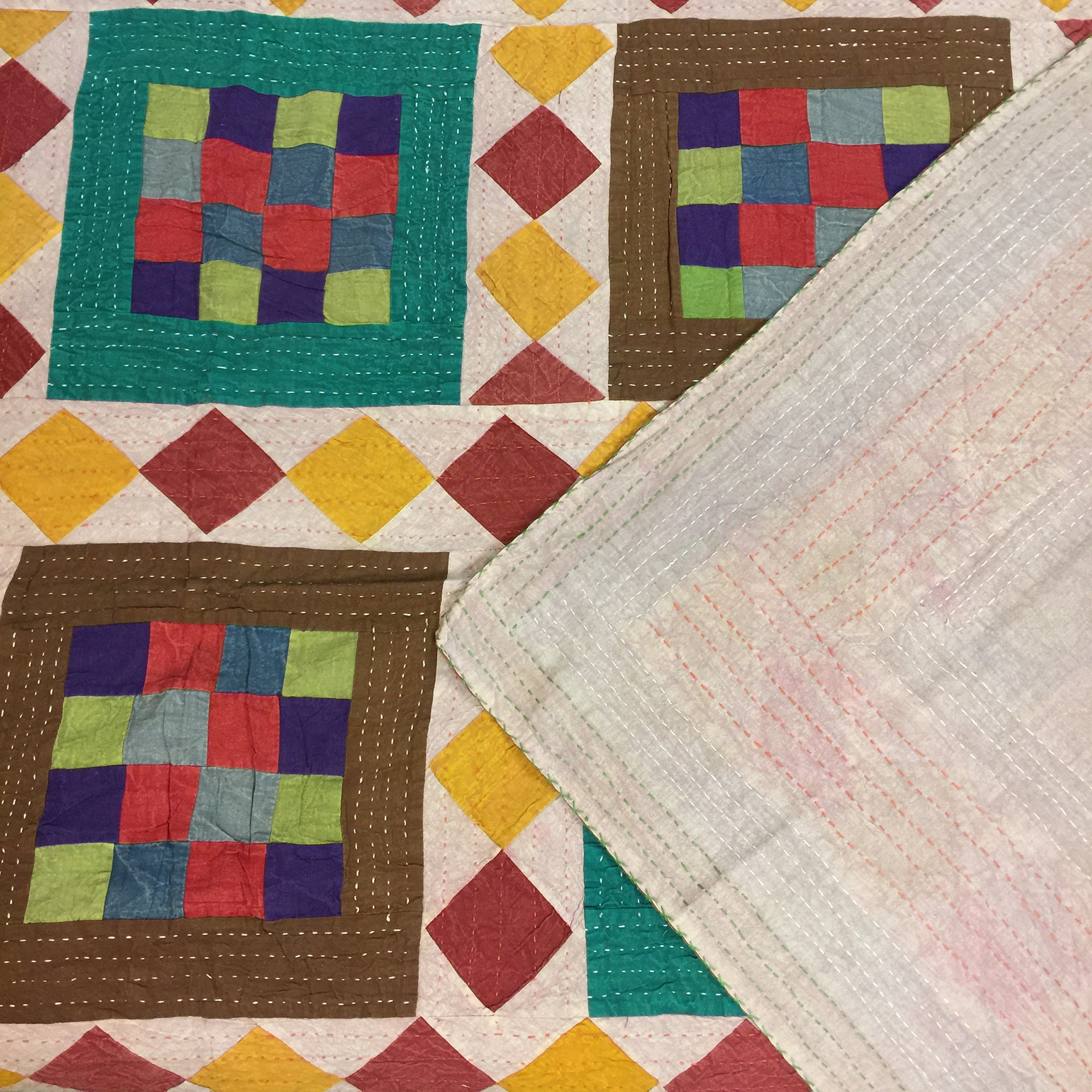 Checkered Patchwork Kantha Quilt-6 colors - Vintage India NYC