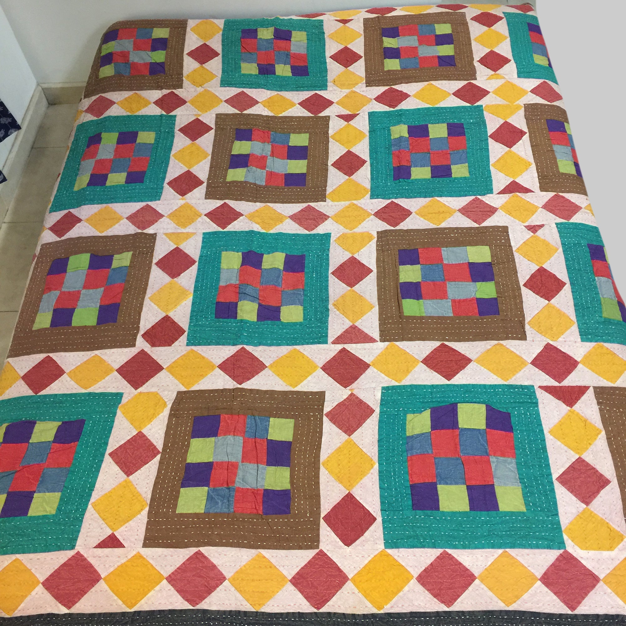 Checkered Patchwork Kantha Quilt-6 colors - Vintage India NYC