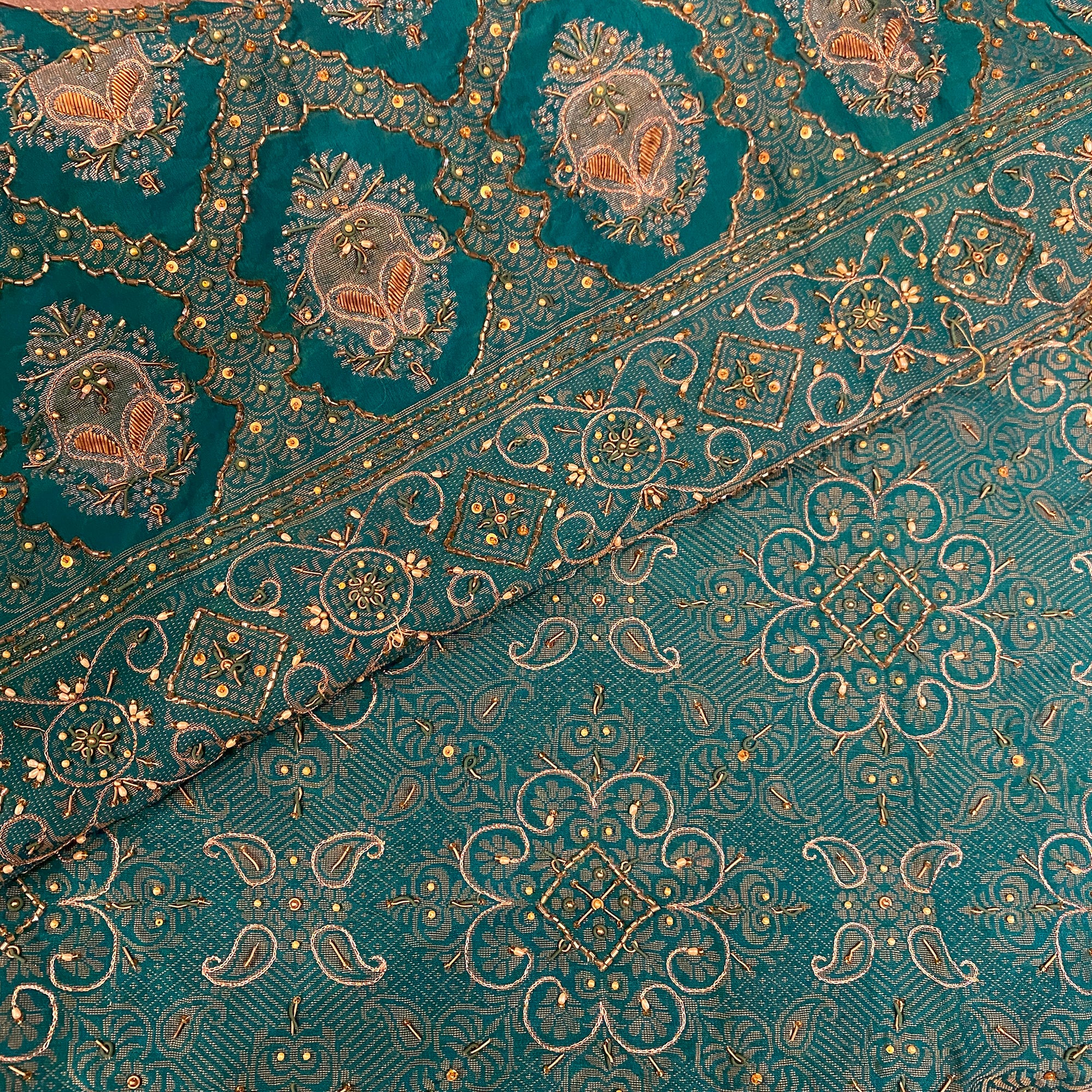Teal Heavy Work Saree - Vintage India NYC