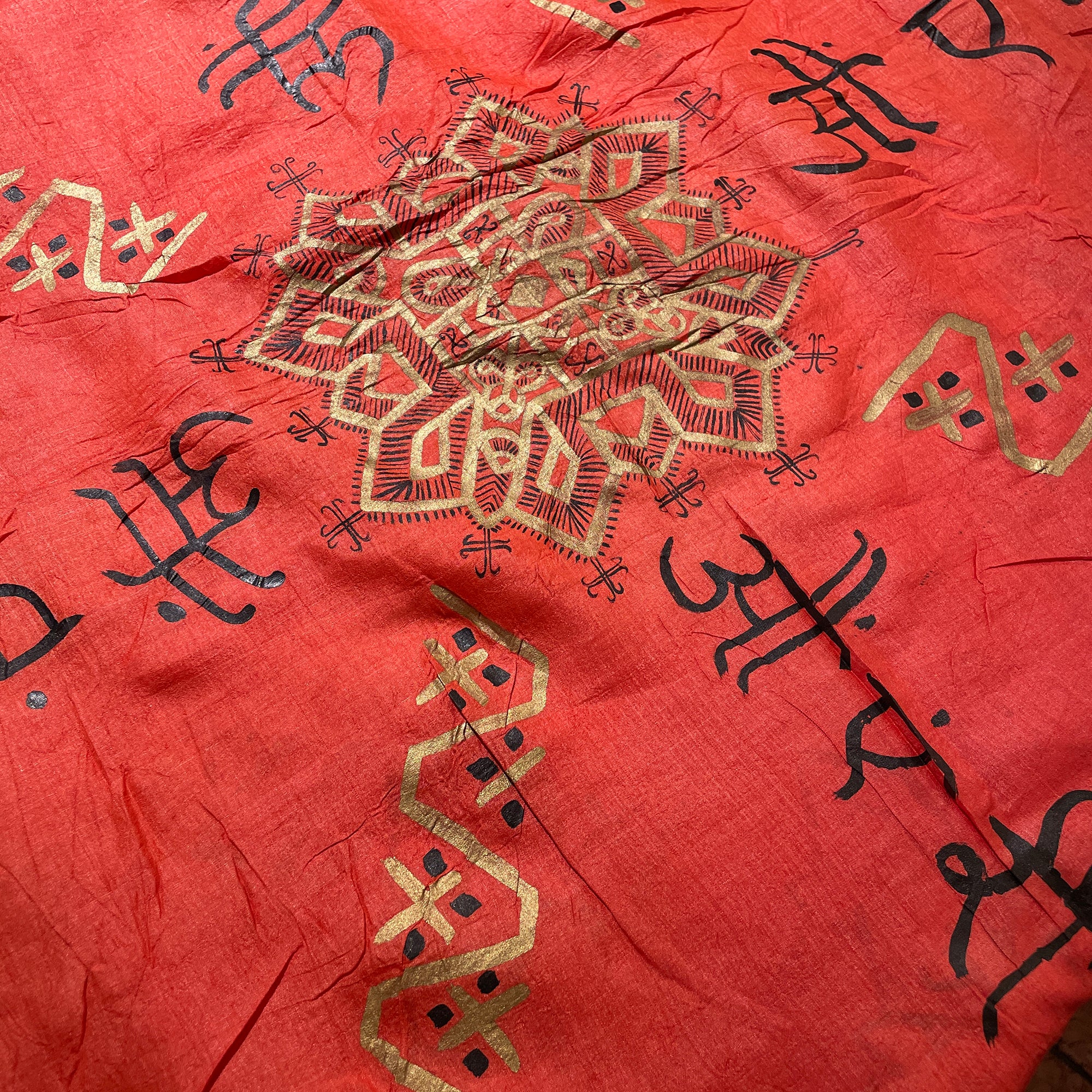 Tomato Silk Saree with Hand painted Devanagari - Vintage India NYC
