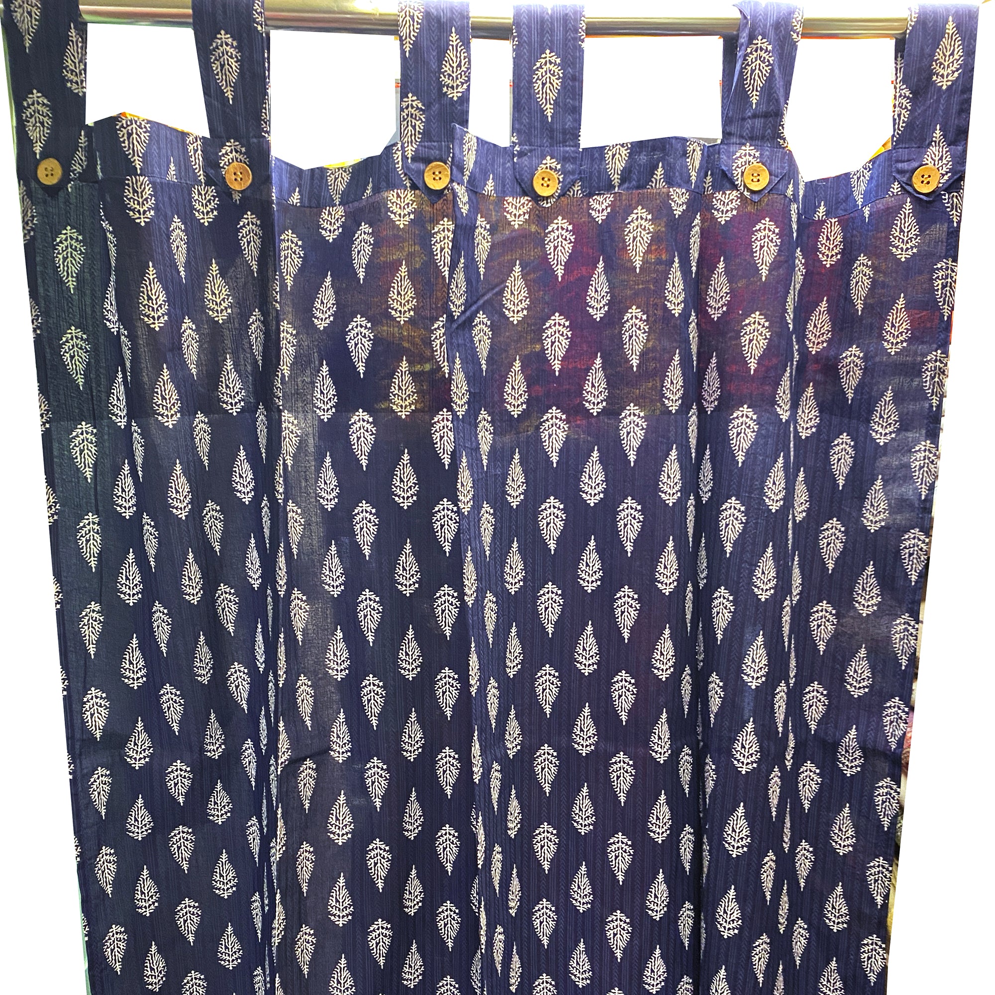 Navy & White Cotton Curtain Pair-5 Patterns - Vintage India NYC