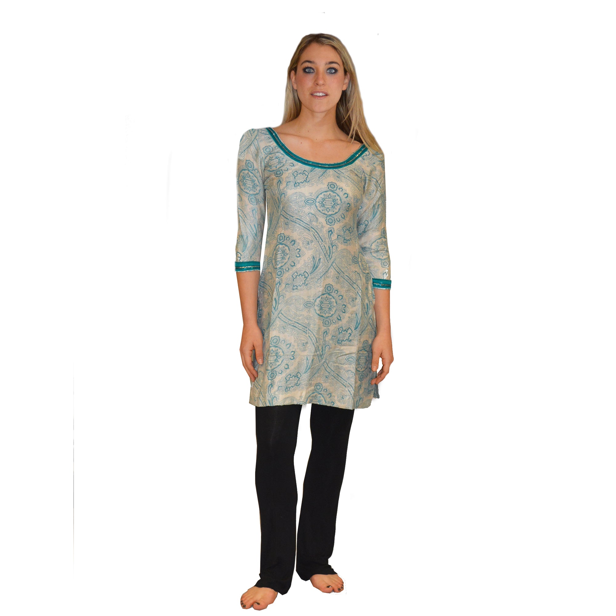 Silk/Wool Turquoise & Cream Dress - Vintage India NYC