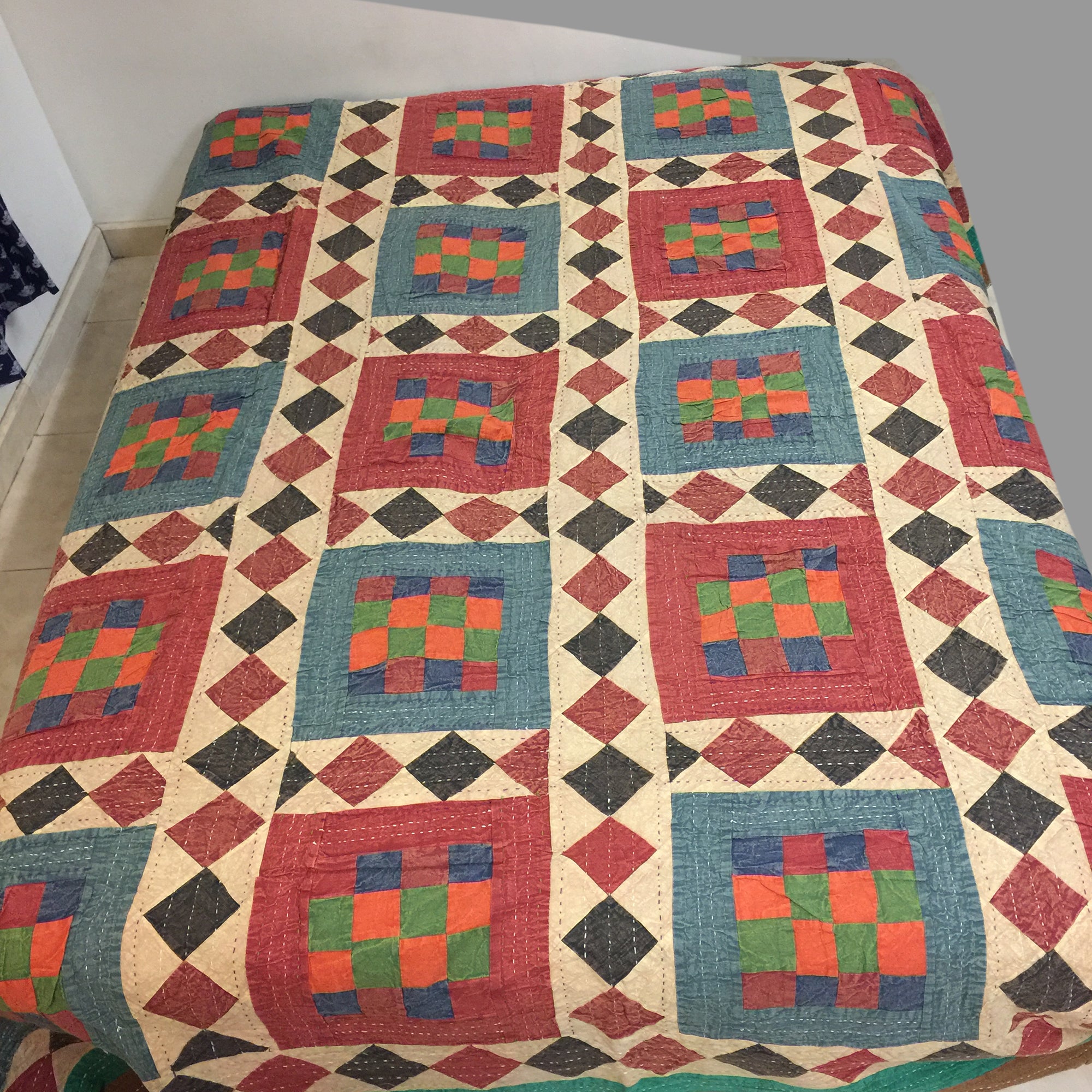 Checkered Patchwork Kantha Quilt-6 colors - Vintage India NYC