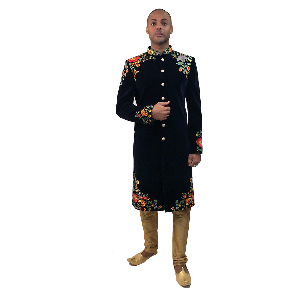 DK Navy Velvet Embroidered Sherwani - Vintage India NYC