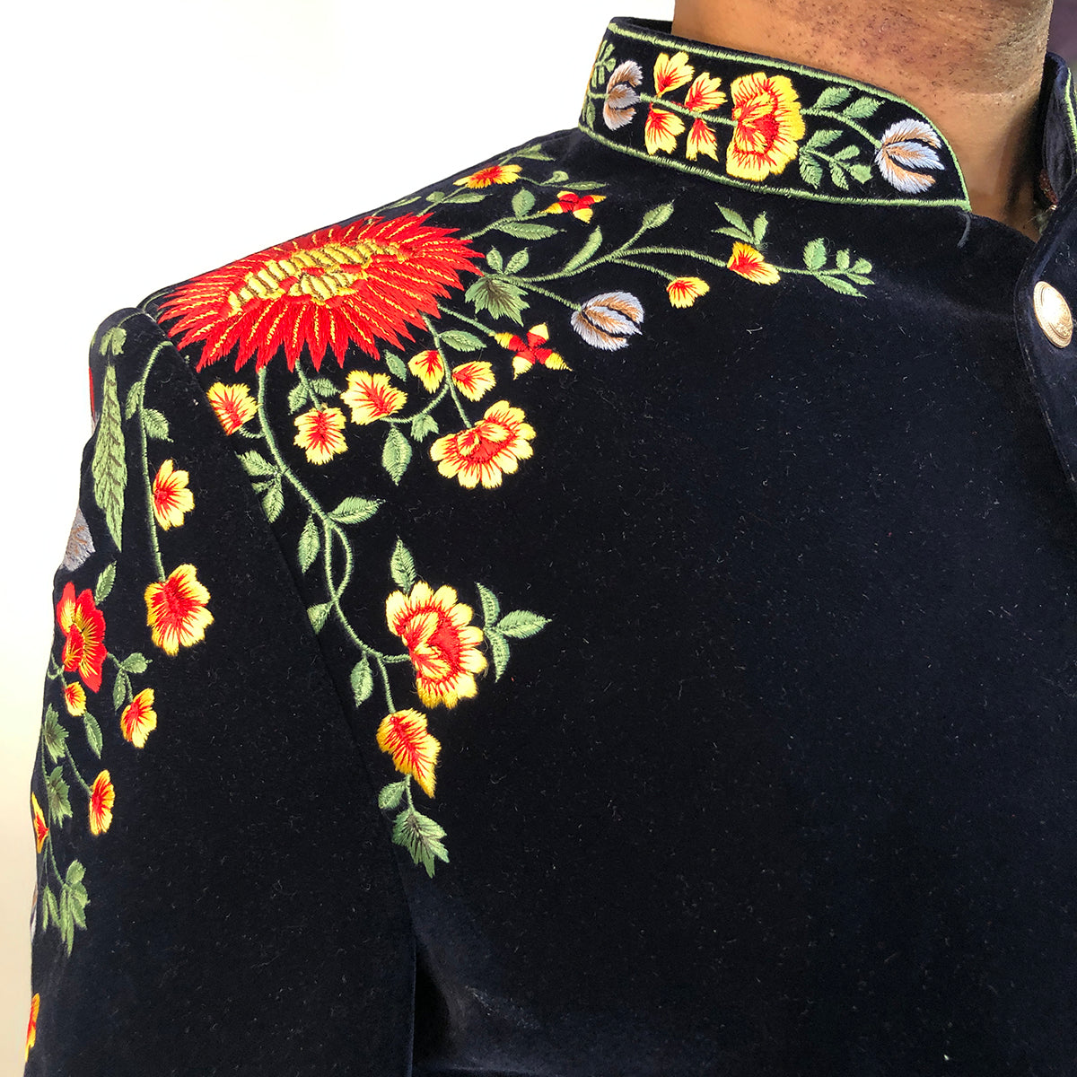 DK Navy Velvet Embroidered Sherwani - Vintage India NYC