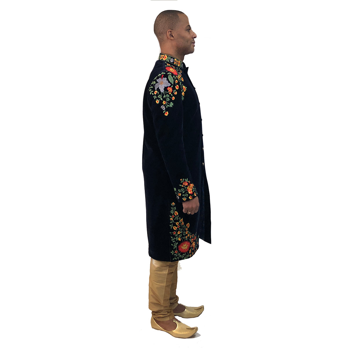 DK Navy Velvet Embroidered Sherwani - Vintage India NYC