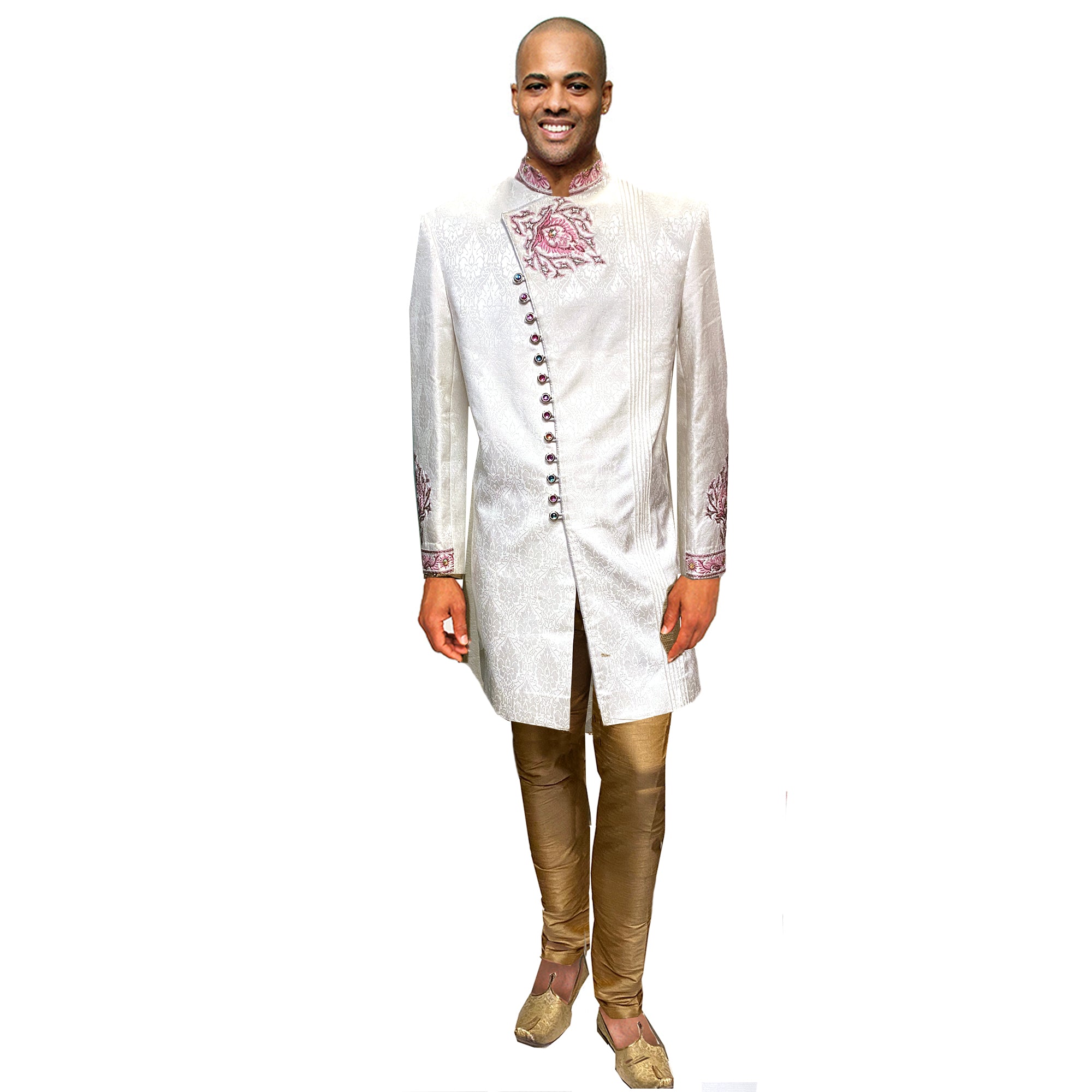 White Sherwani with Pink Embroidery - Vintage India NYC