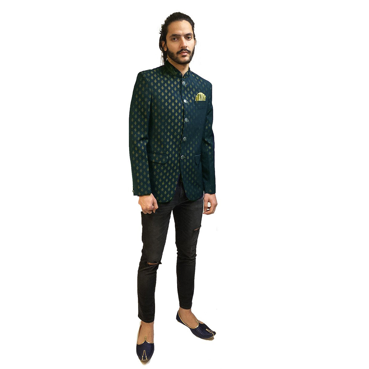 YD Hunter Green Brocade Jodhpuri Suit Jacket - Vintage India NYC