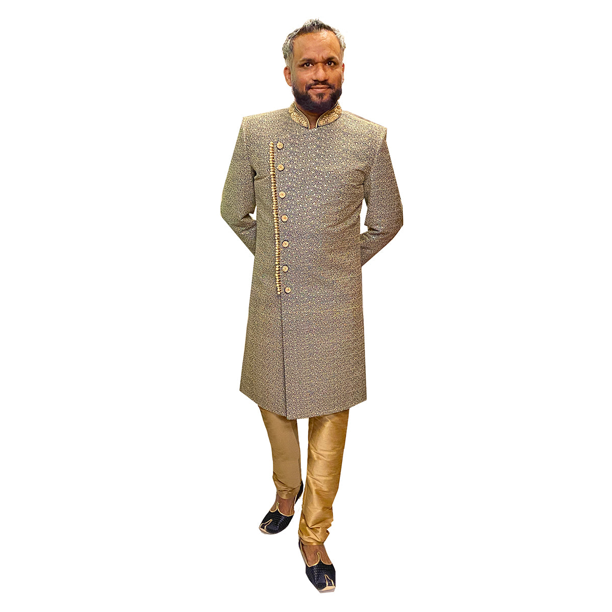 YD Navy & Gold Sherwani - Vintage India NYC