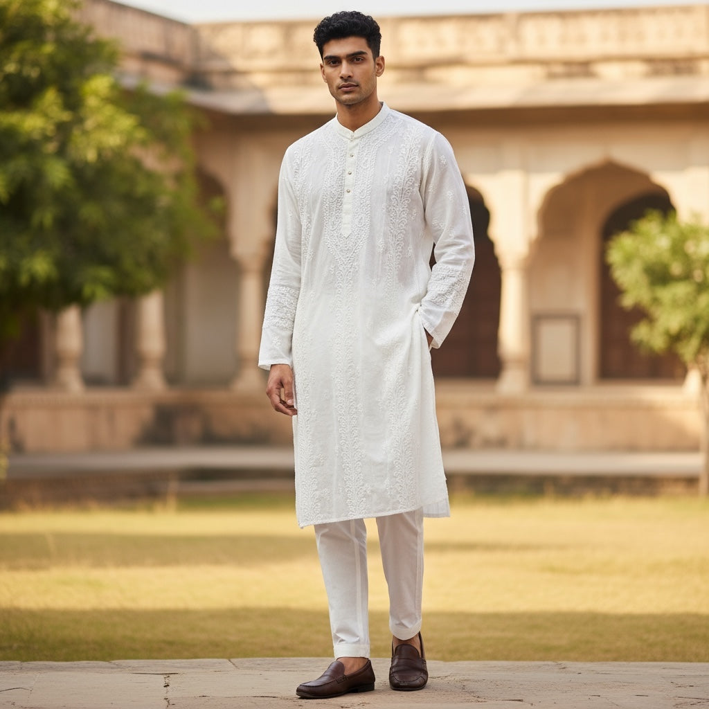 White Embroidered Wedding or Puja Kurtas