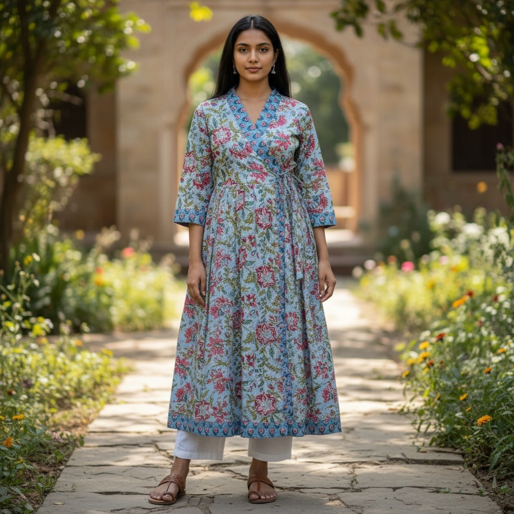 AR Blockprint Angrakha Wrap Dress-4 pattern choices - Vintage India NYC