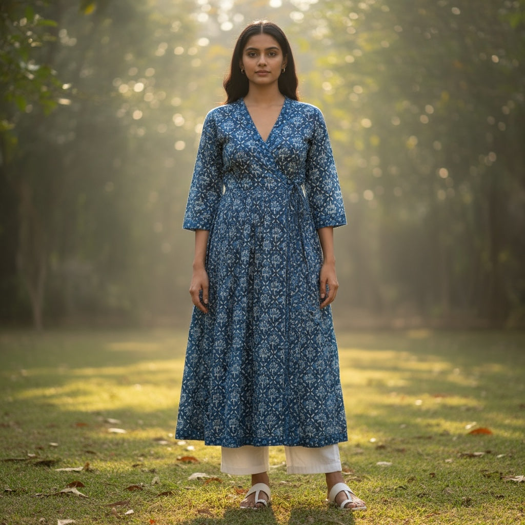 AR Blockprint Angrakha Wrap Dress-4 pattern choices - Vintage India NYC