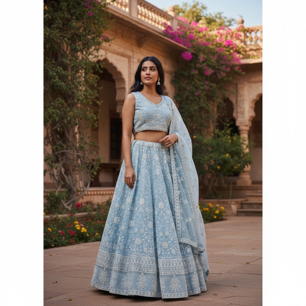 Pastel Embroidered Floral Lehengas-3 Colors