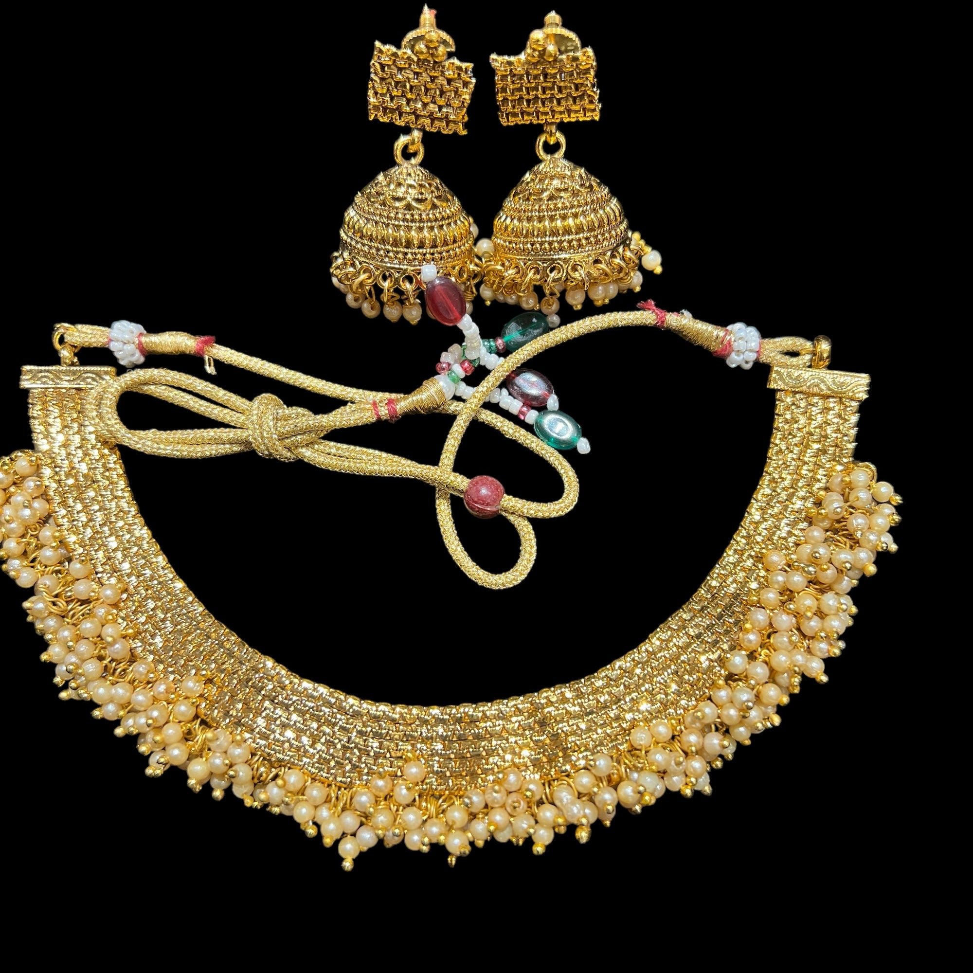AH Gold Pearl Necklace Set - Vintage India NYC