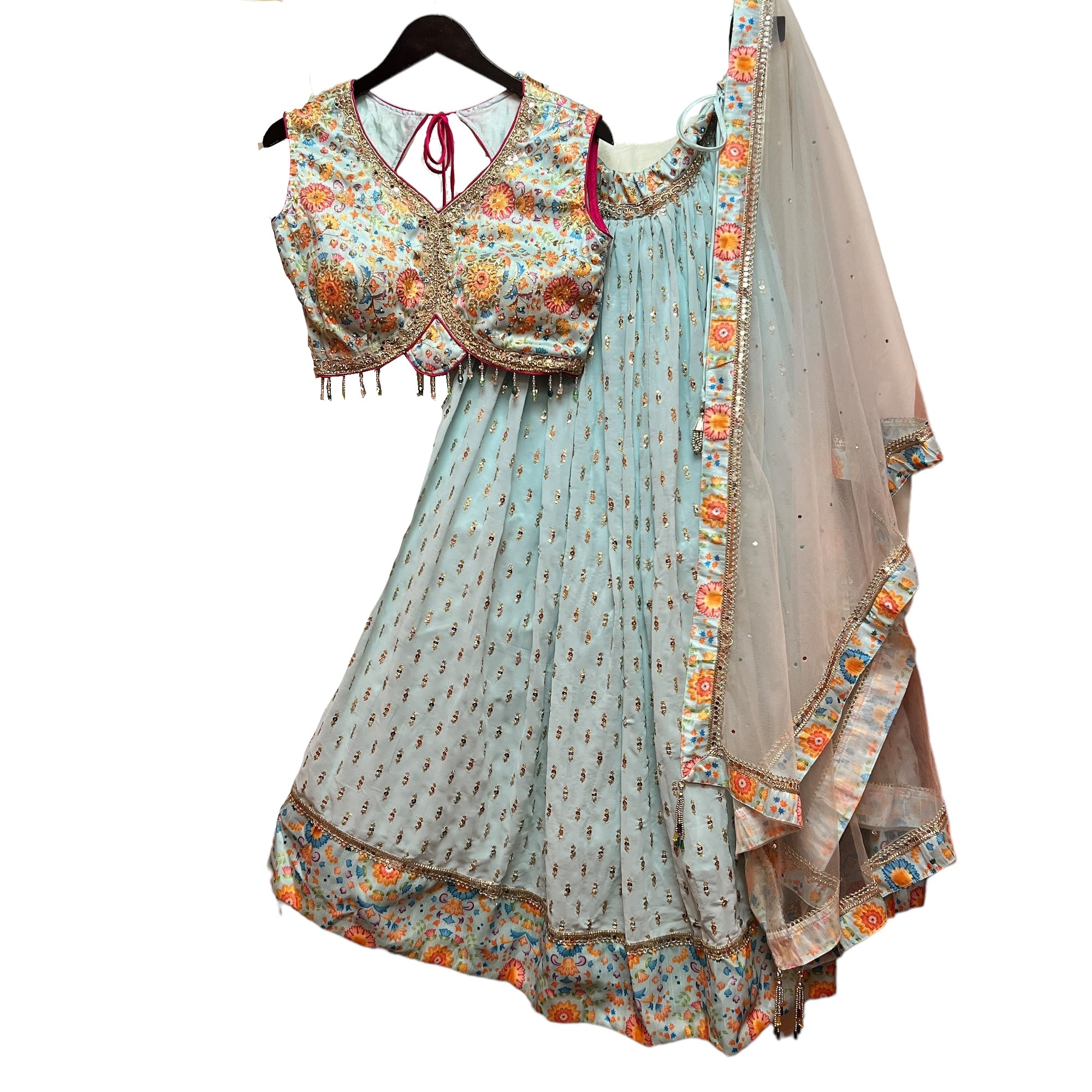 Georgette Lehenga Set w/Floral Print Blouse-2 Colors