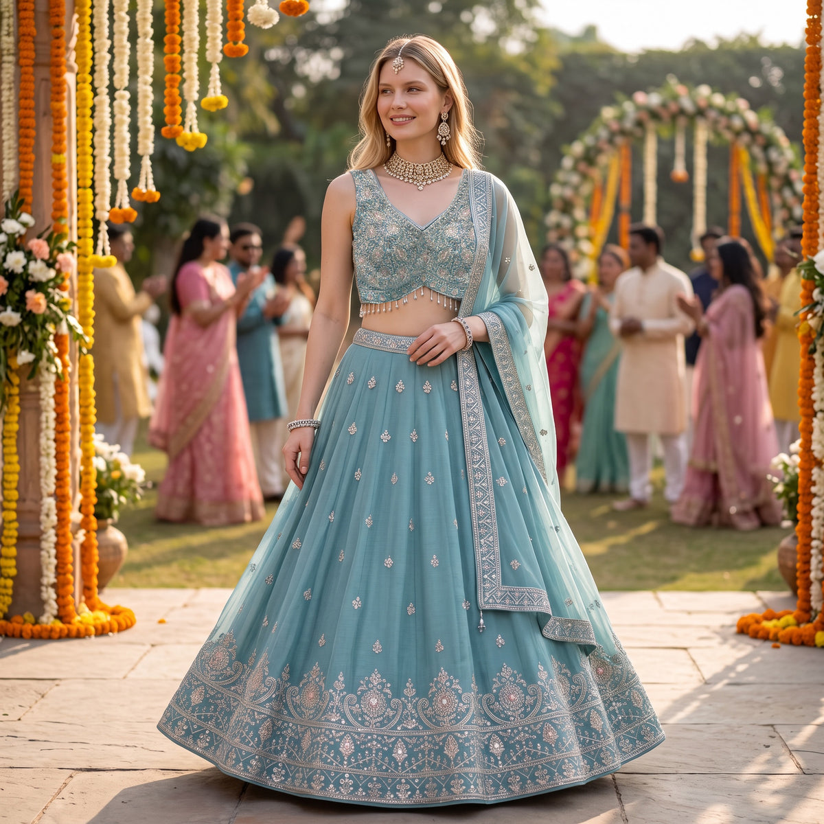 Aqua Embroidered Lehenga Set