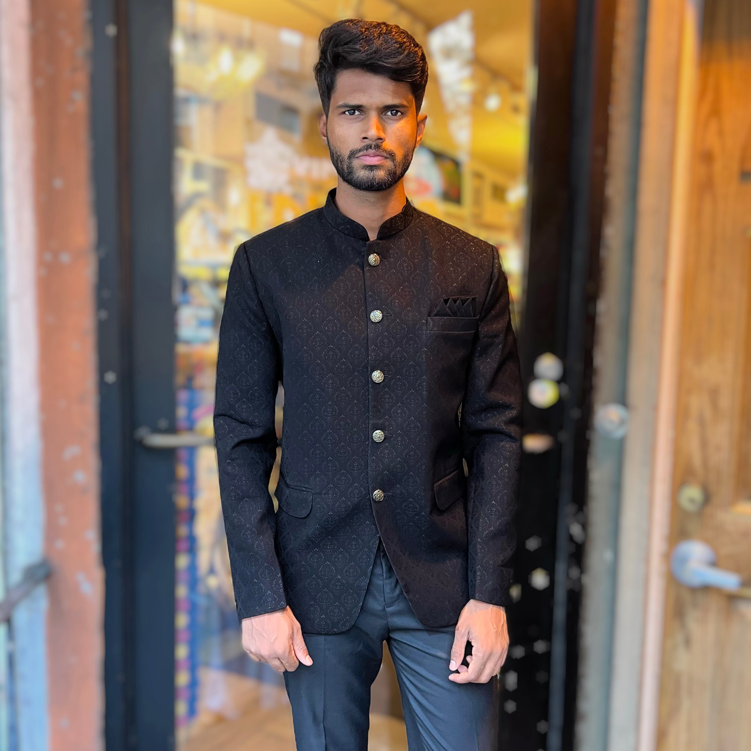 Black Jacquard Jodhpuri Jacket