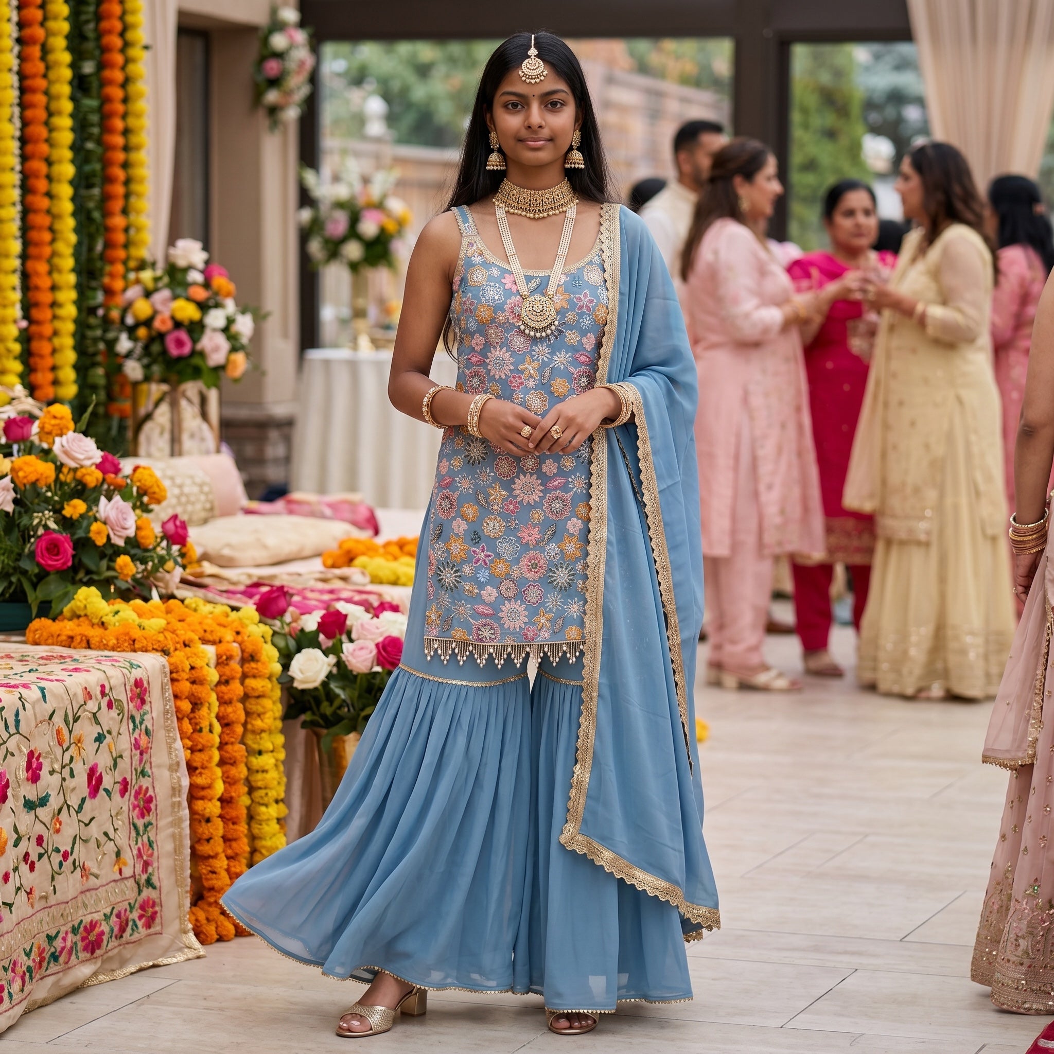 Strappy Embroidered Gharara Set-Colors - Vintage India NYC