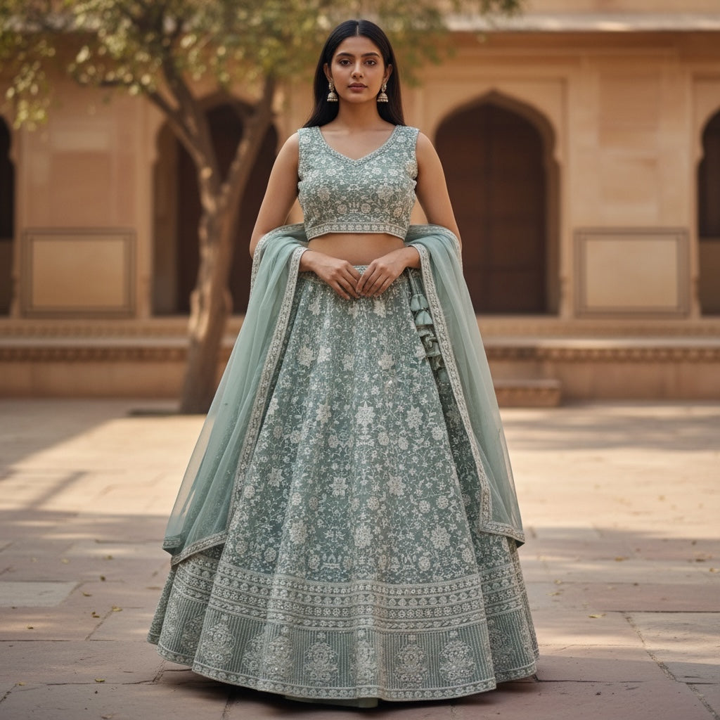 Pastel Embroidered Floral Lehengas-3 Colors