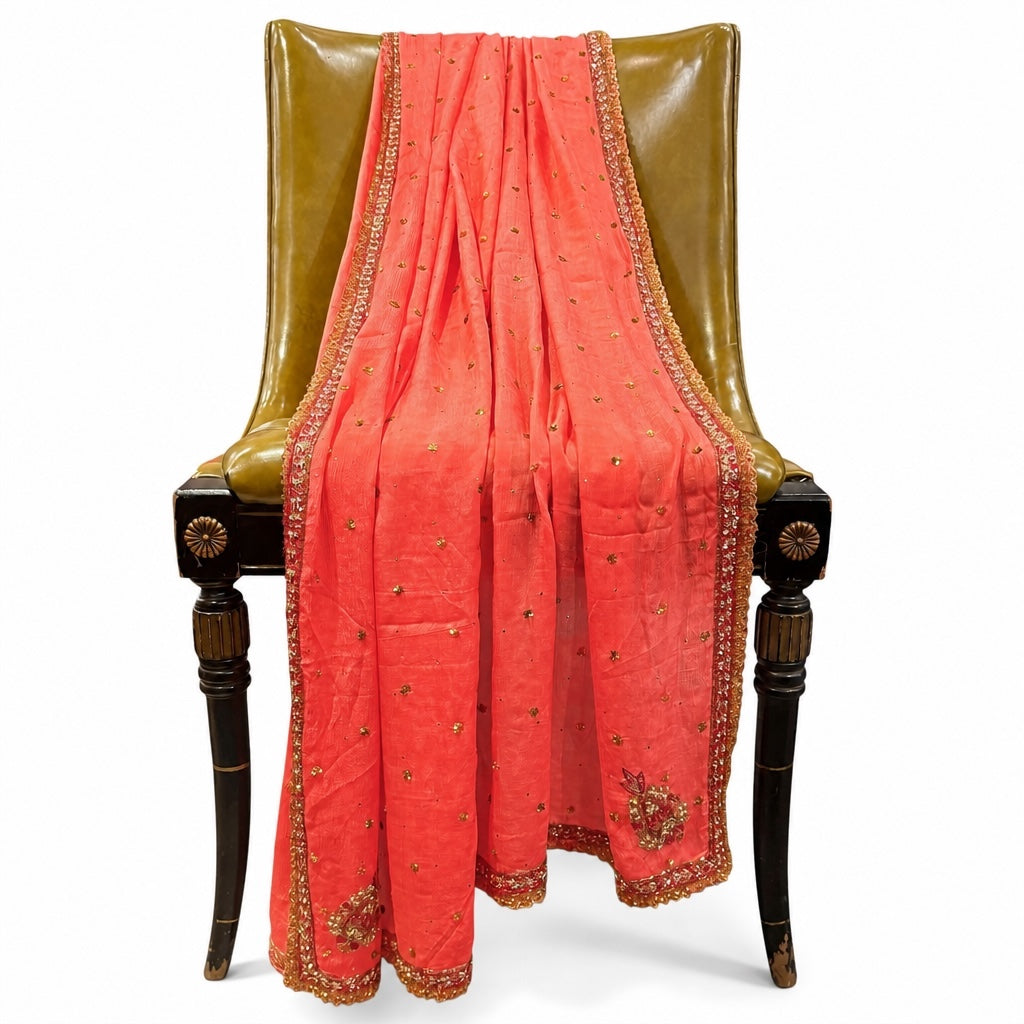 Coral Vintage Silk Embroidered Dupatta - Vintage India NYC