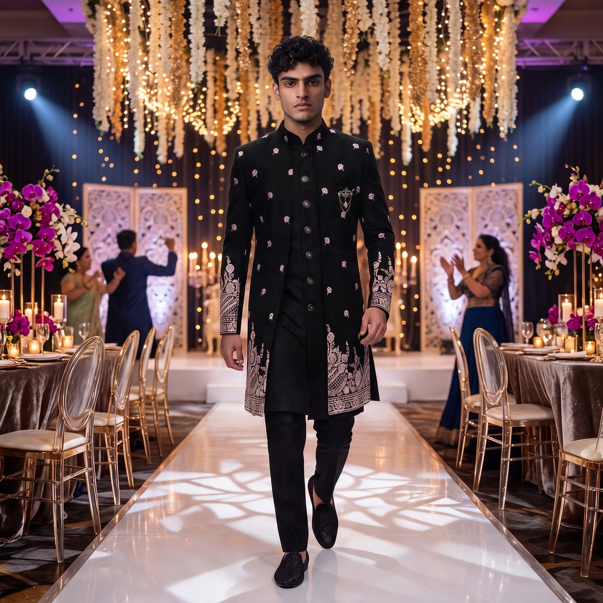 Black Embroidered Double Sherwani - Vintage India NYC