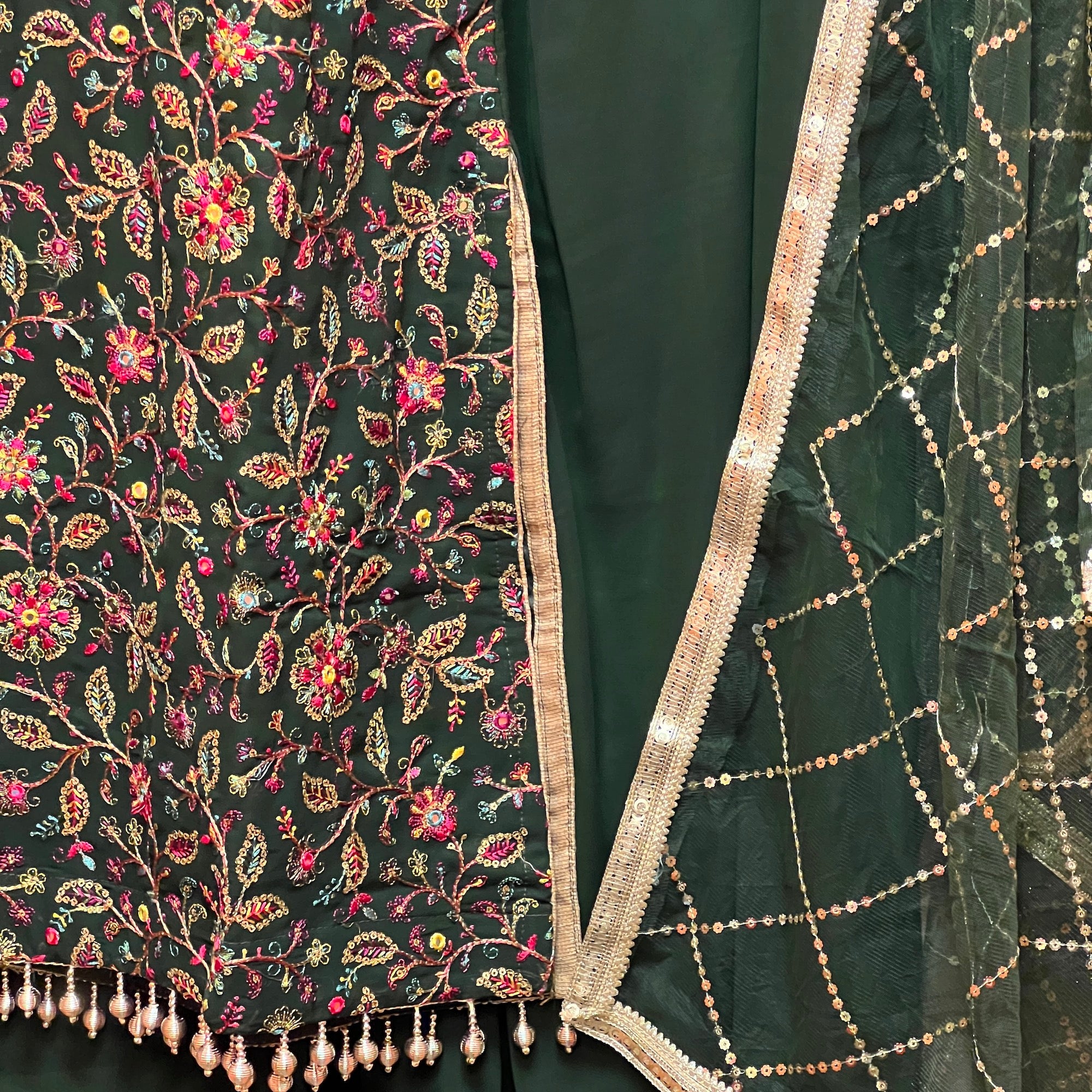 DT Plus Size Dark Green Emboidered Gharara Set - Vintage India NYC