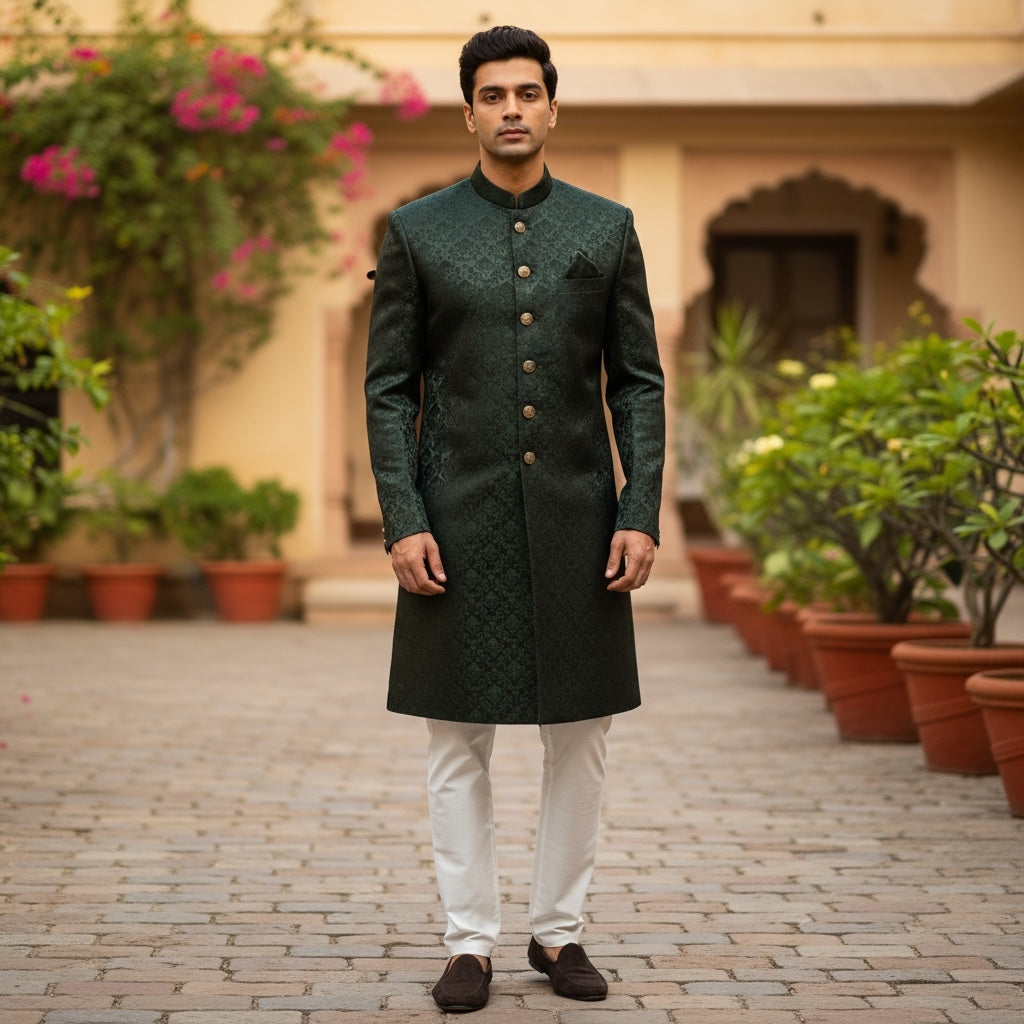 Dark Green Jacquard Sherwani