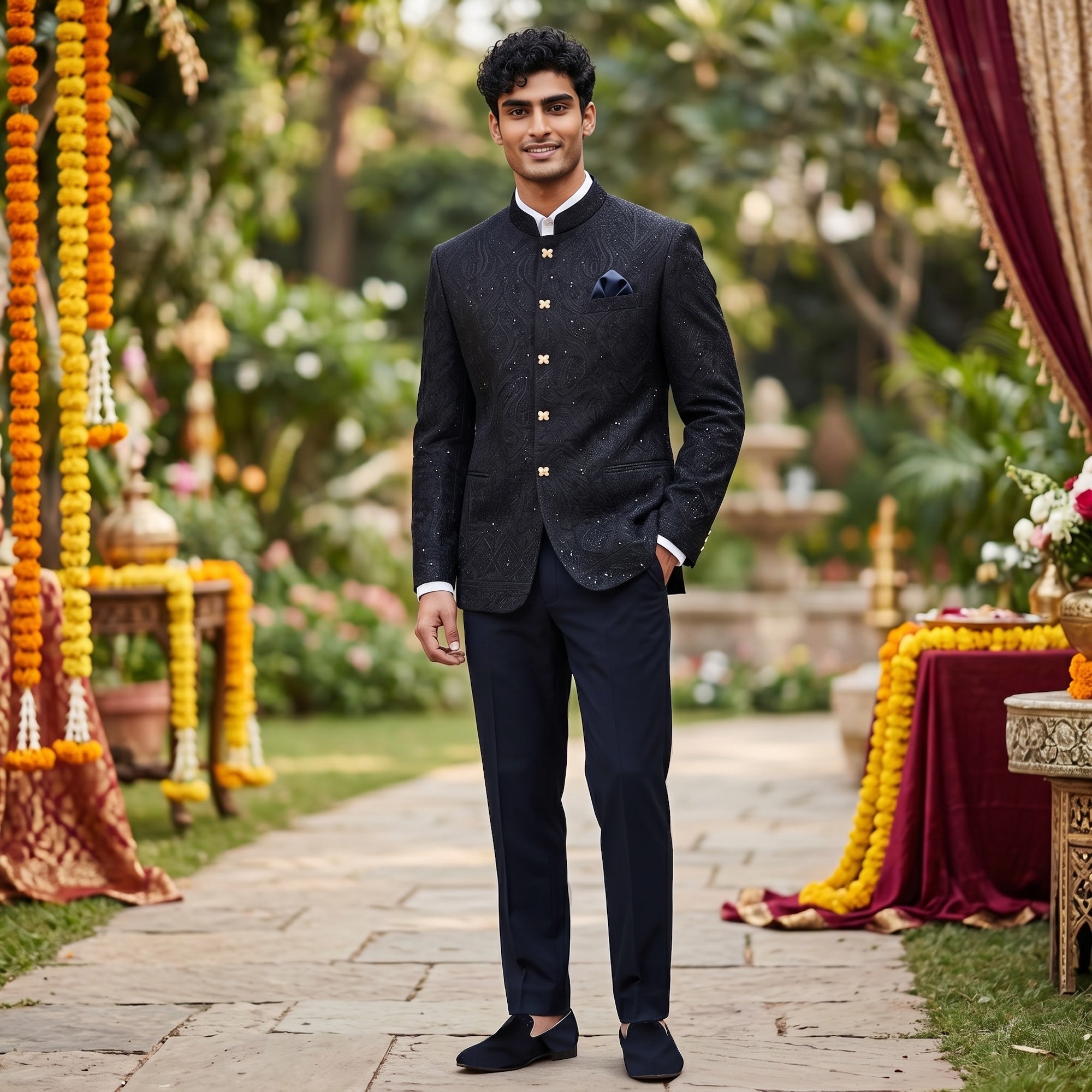 Dark Navy Paisley Jodhpuri Jacket - Vintage India NYC