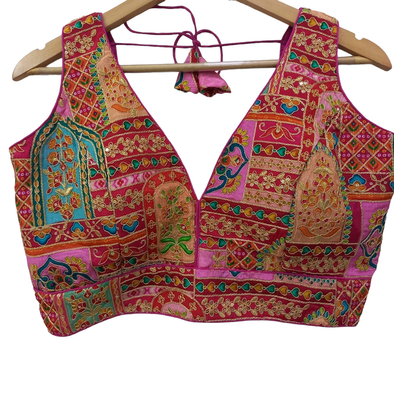 V Neck Embroidered Patchwork Blouse-Many Colors - Vintage India NYC