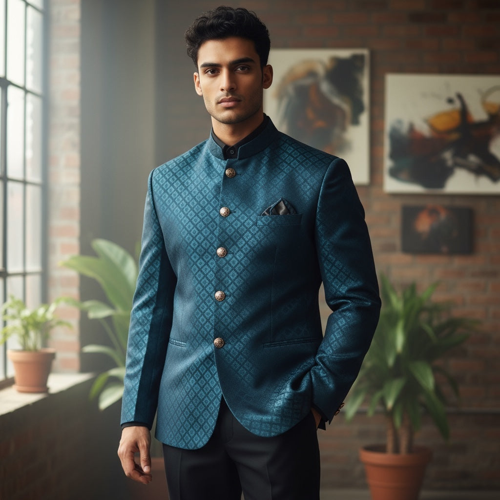 Deep Ocean Tile Jodhpuri Jacket-Big & Tall