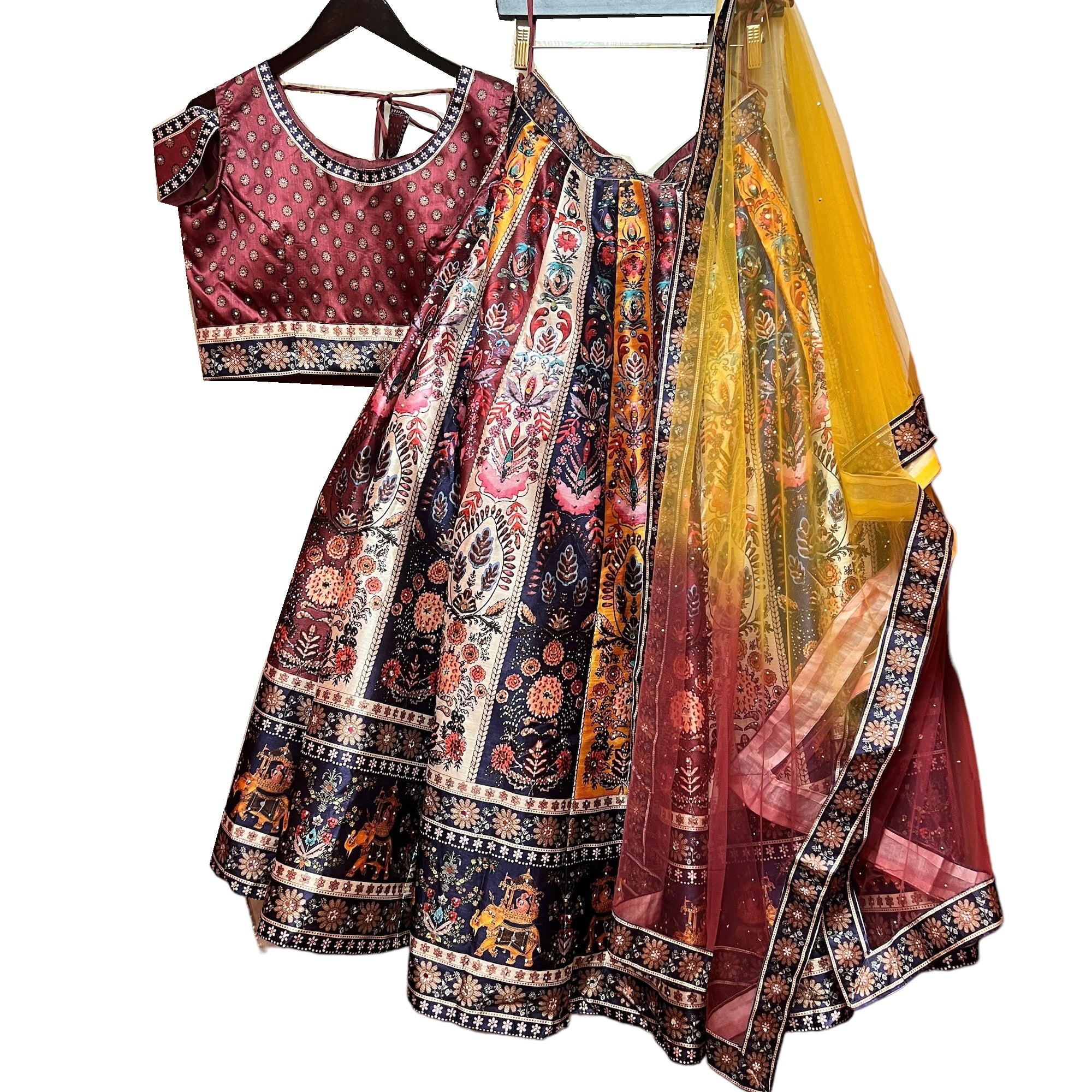 Deep Tones Printed Mughal Lehenga Set