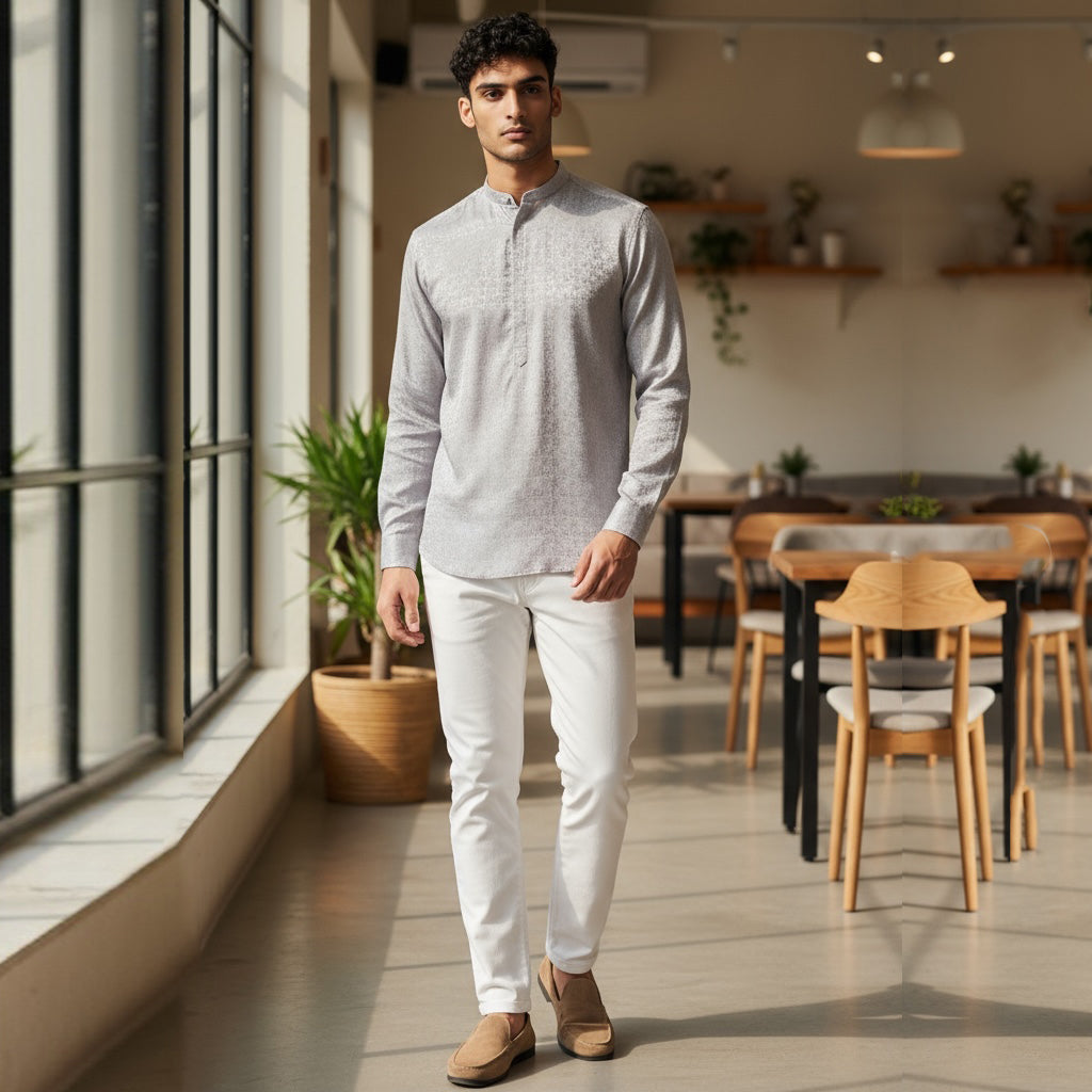 Woven Pattern Band Collar Short Kurta-  Colors