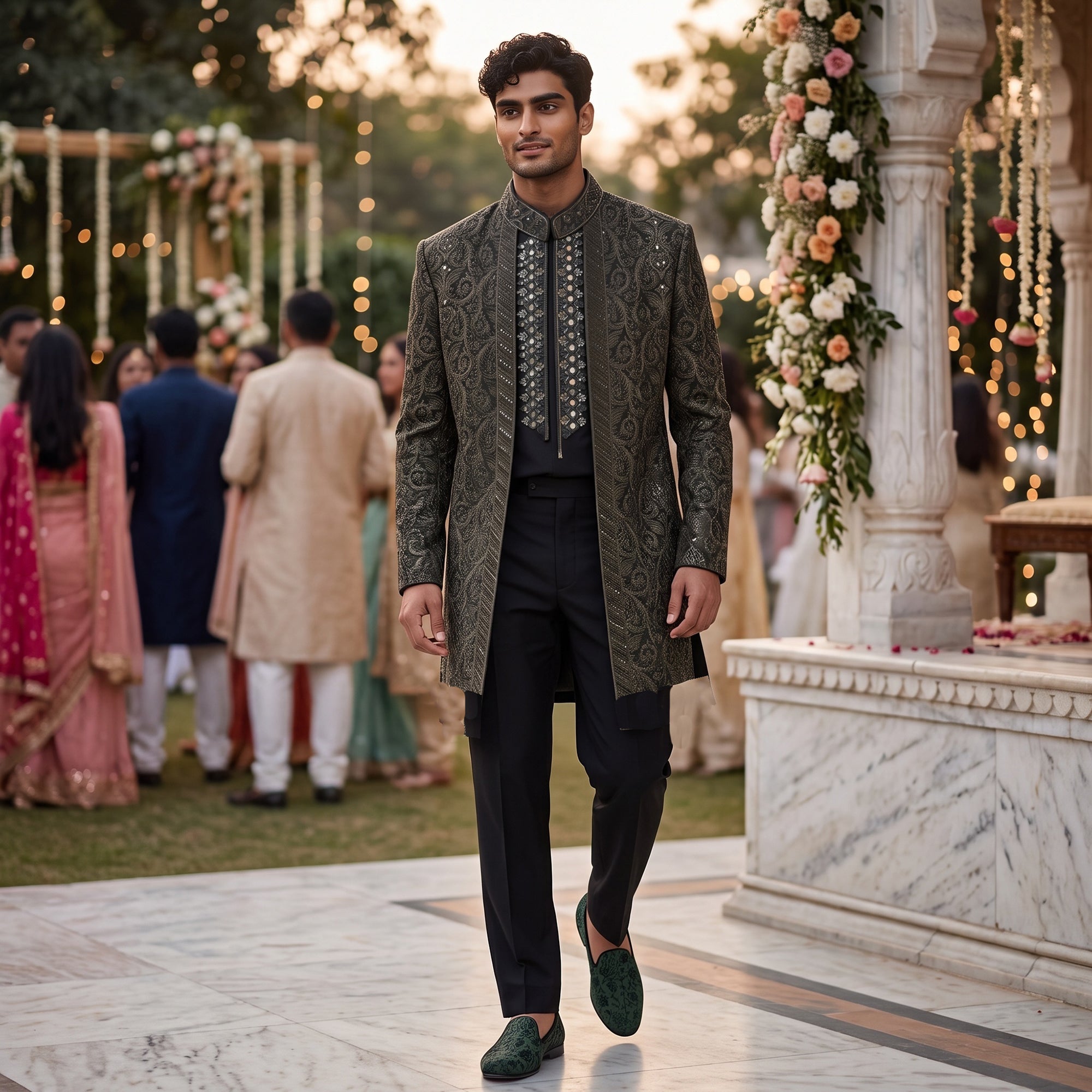 Forest Velvet Heavywork Indowestern Sherwani
