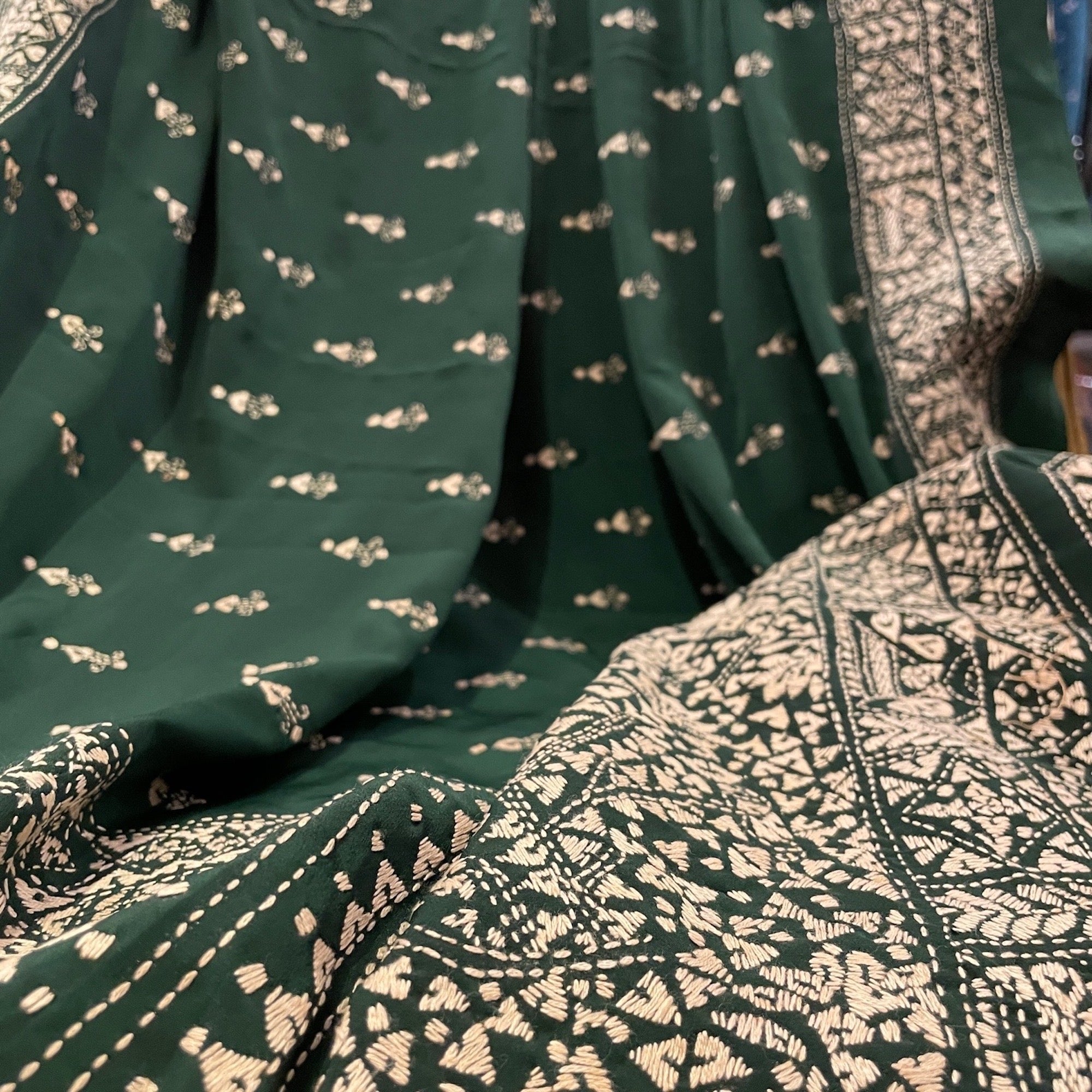 Dark Green Silk Nakshi Embroidered Shawl - Vintage India NYC