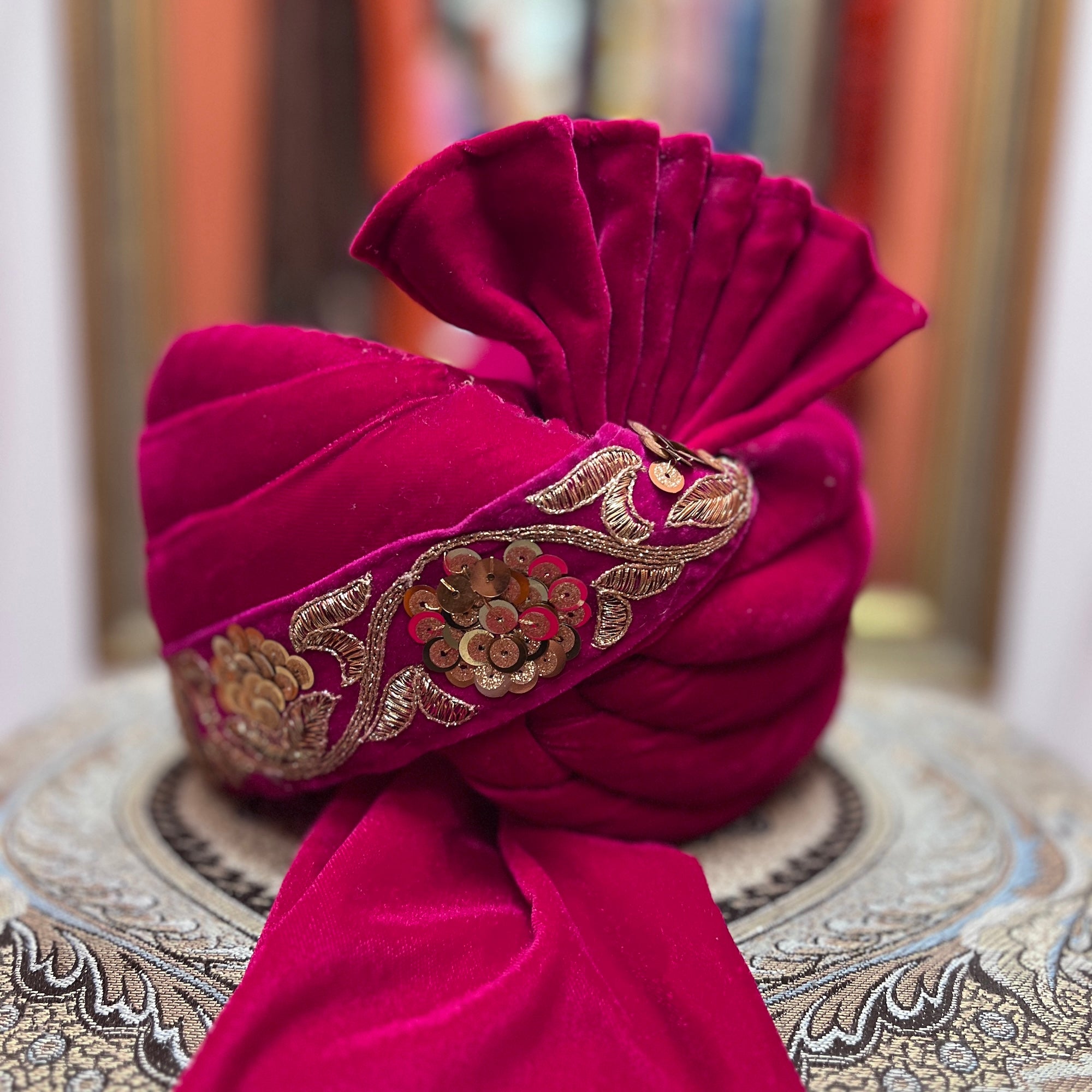 Fuchsia Rani Velvet Pagadi Turban - Vintage India NYC