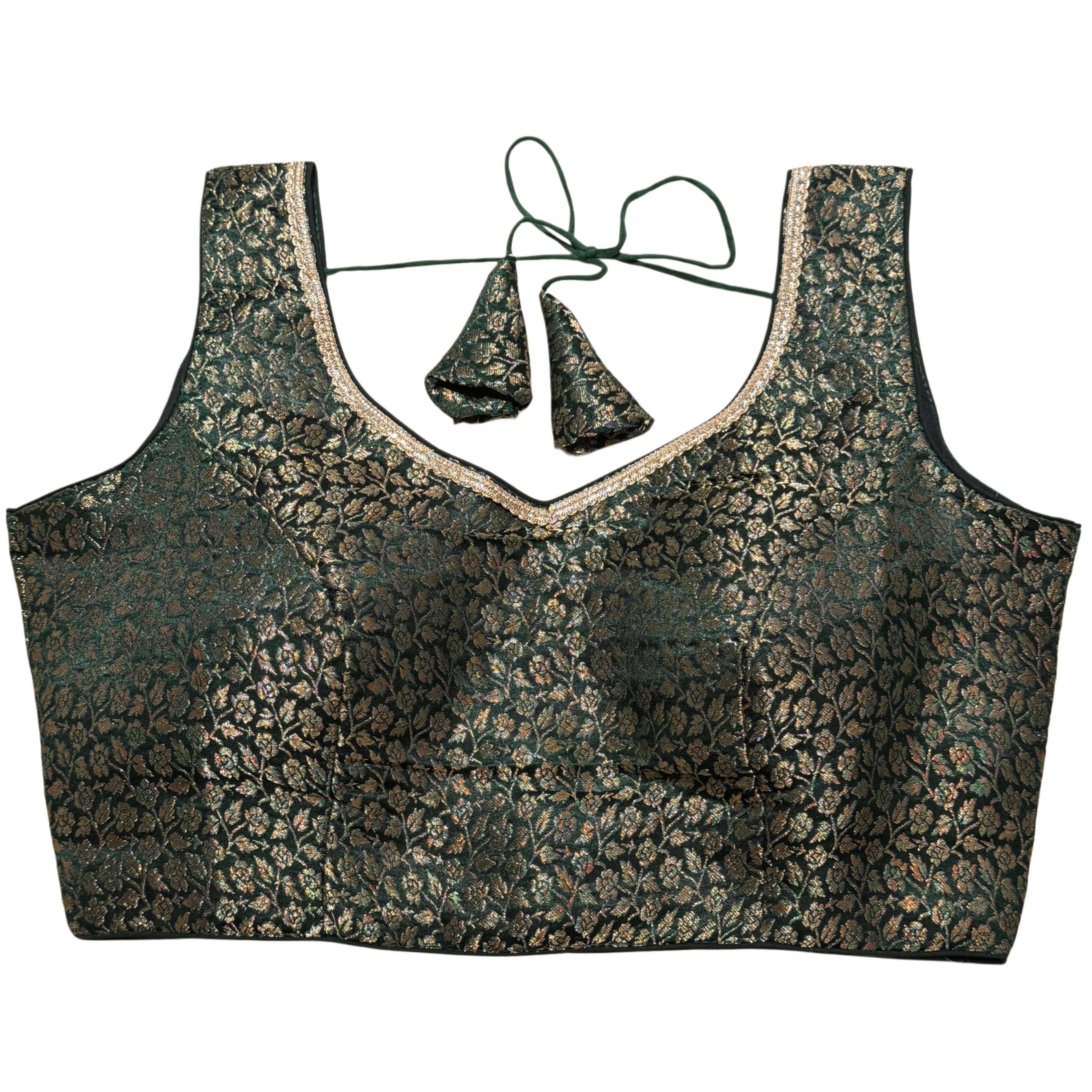 Dark Green Floral Brocade V Neck Choli Blouse-2 Styles