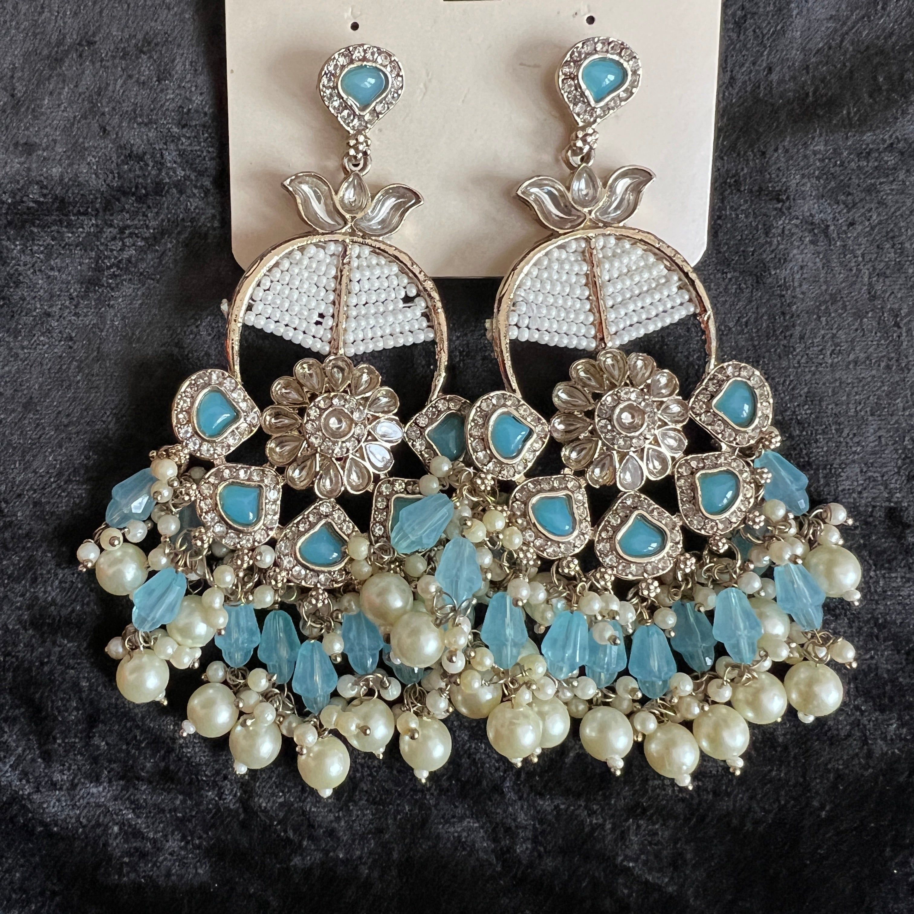 Large Aqua & Pearl Earrings - Vintage India NYC