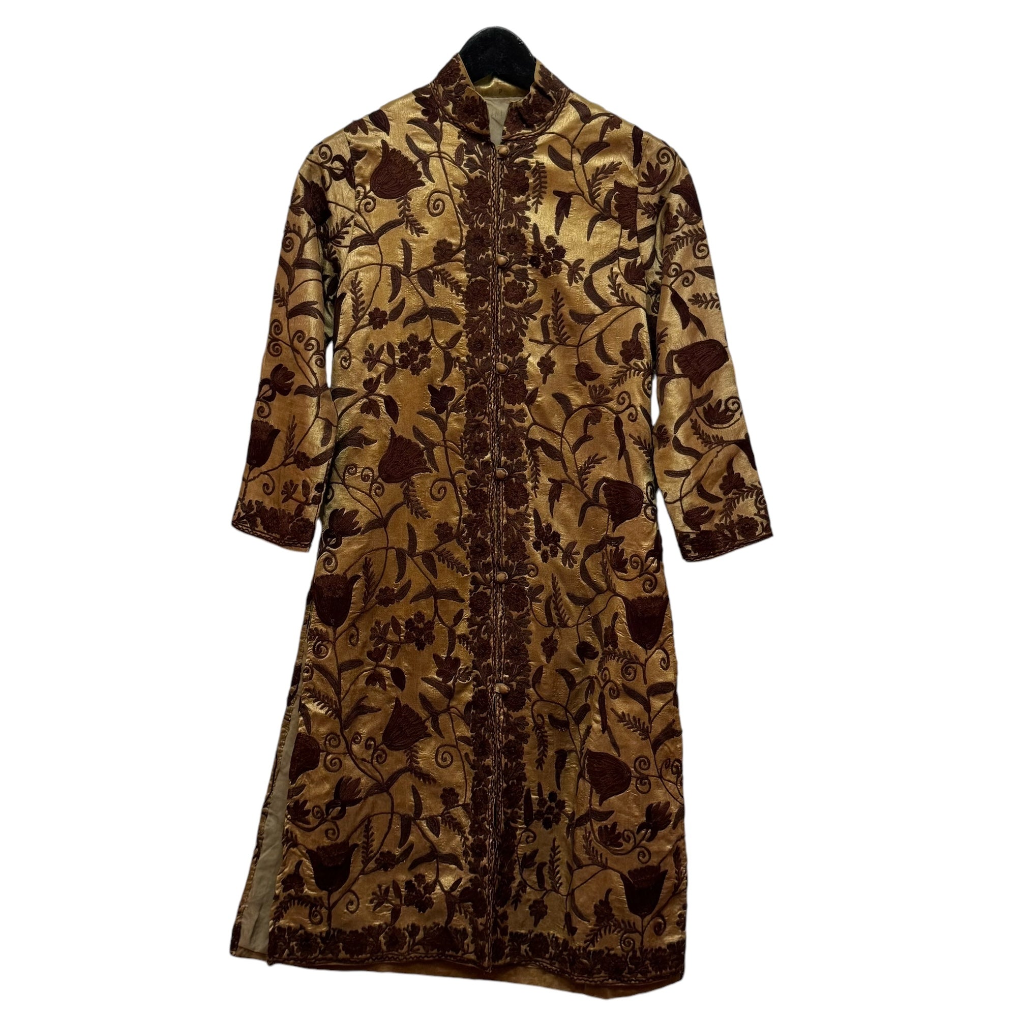 Gold Silk Kashmiri Coat w Coffee Embroidery