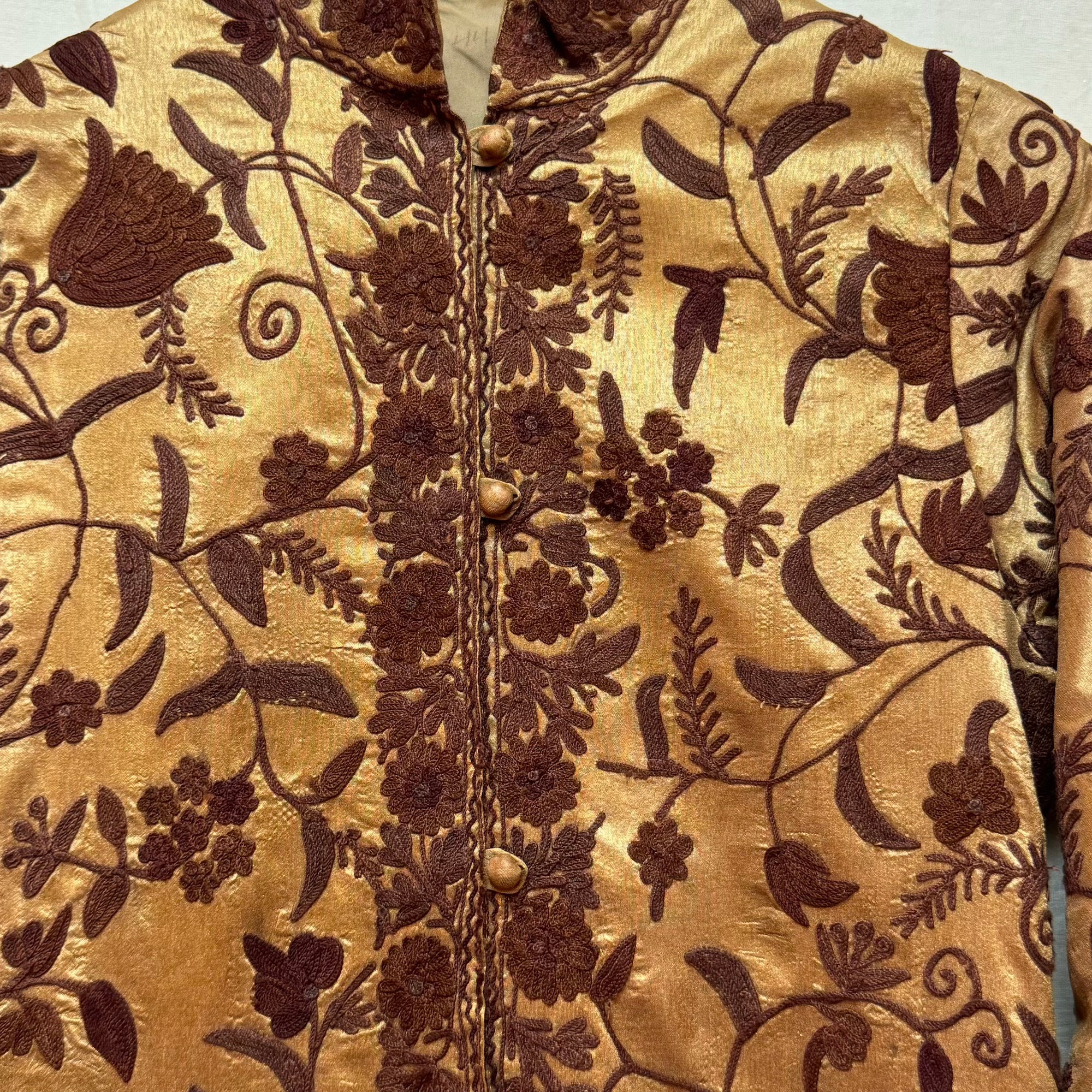 Gold Silk Kashmiri Coat w Coffee Embroidery