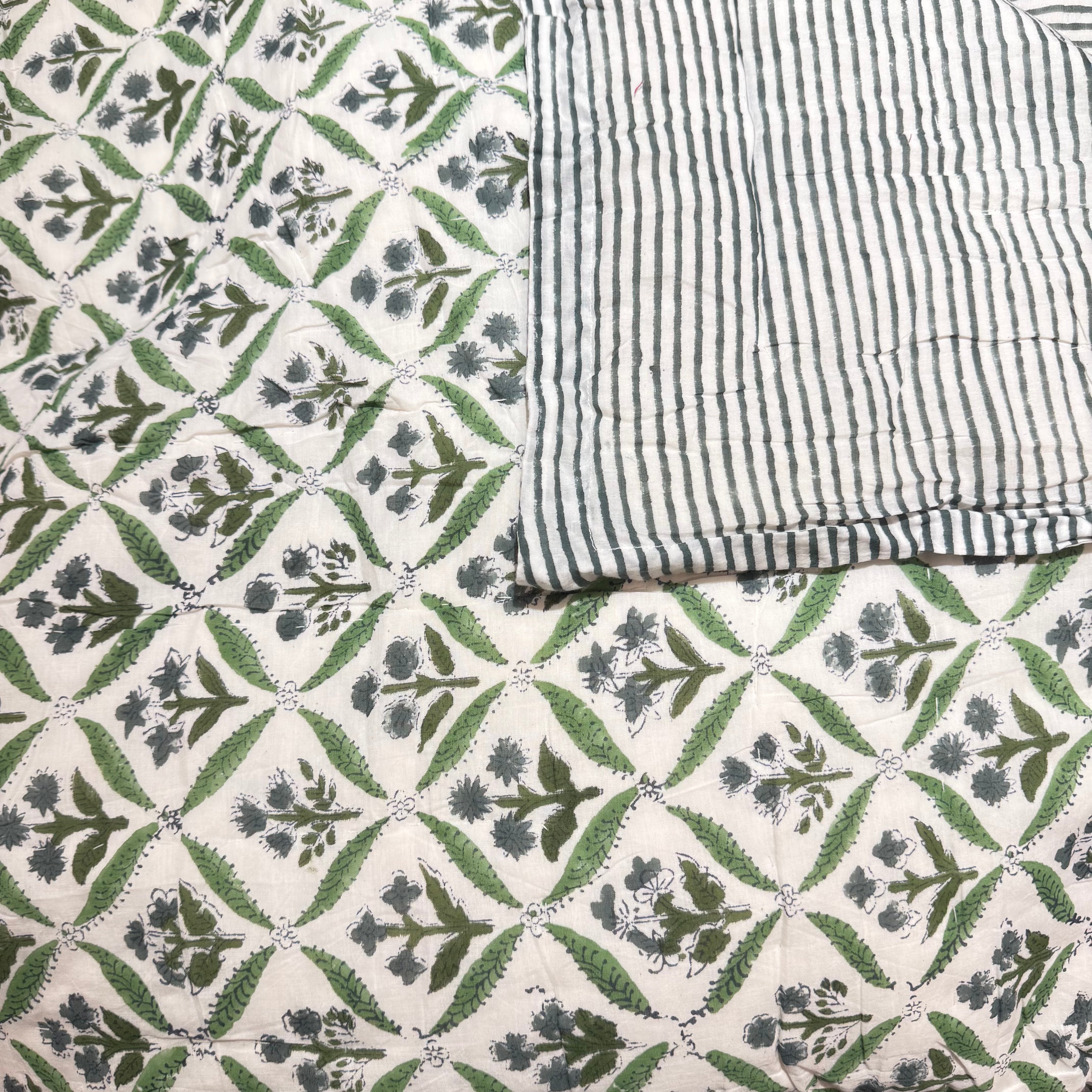 Green/Grey Blue Reversible King Quilt - Vintage India NYC