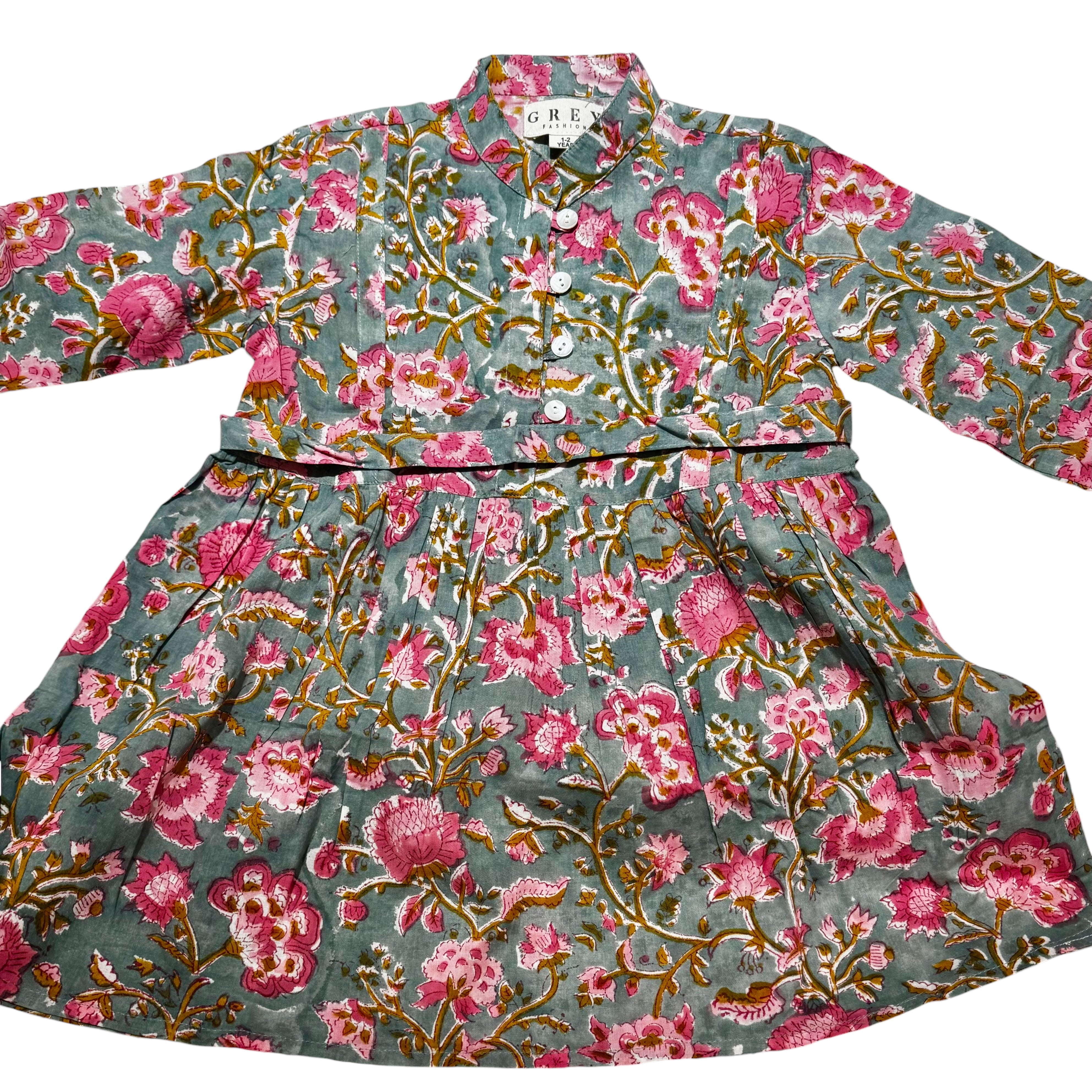 Grey Pink Floral Blockprint Dress