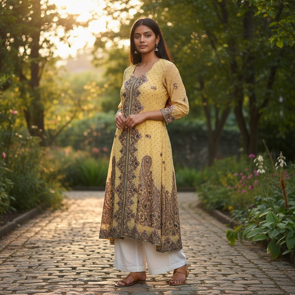 Heavy Handwork Pale Yellow Anarkali-Size 38