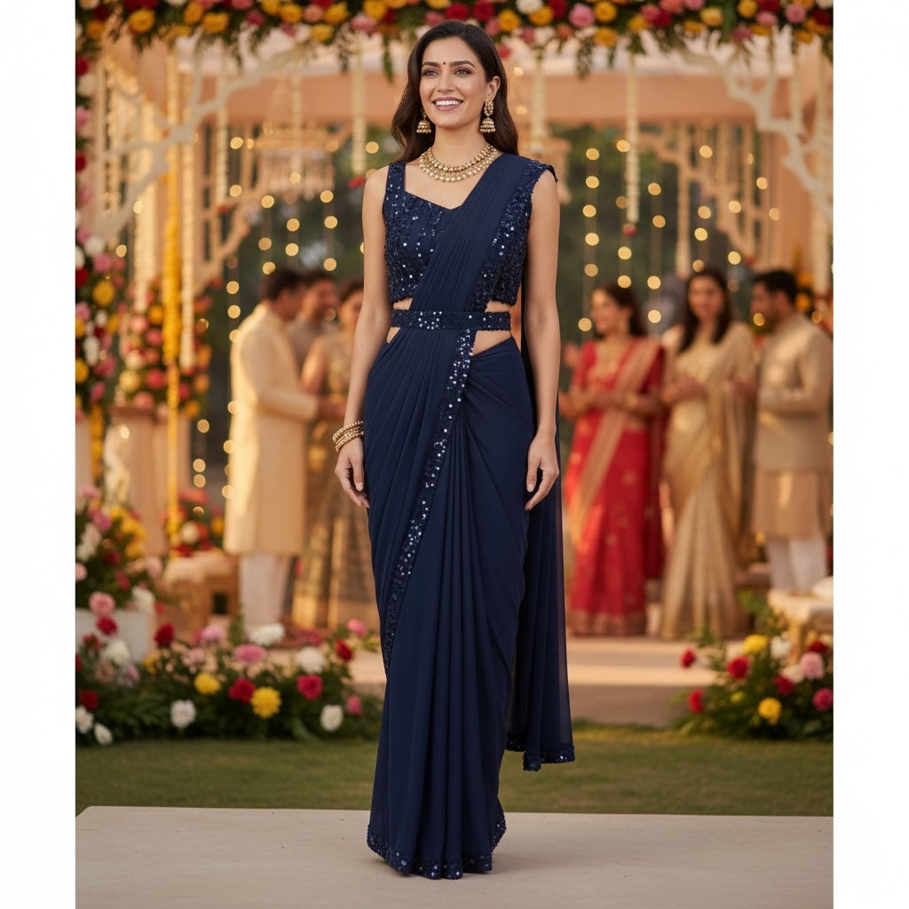 Readymade Navy Blue Saree