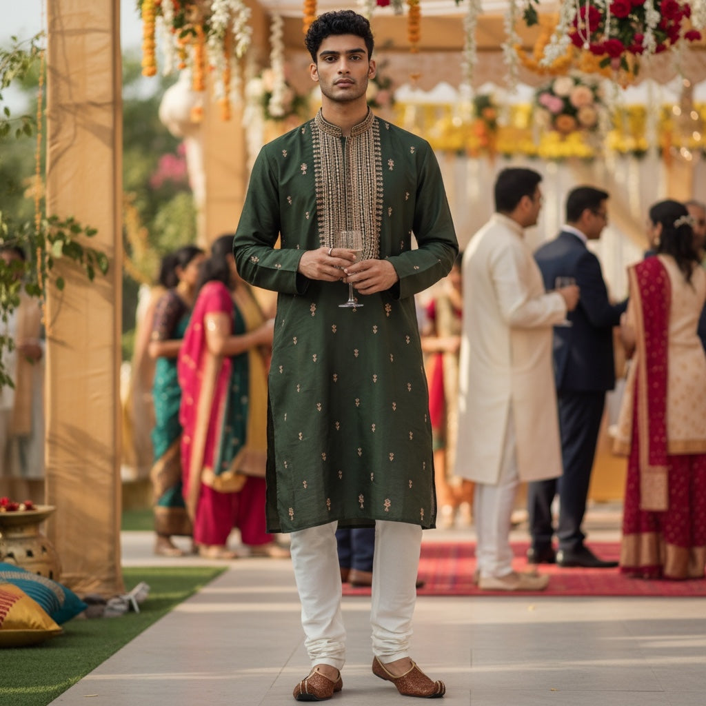 Dark Olive Embroidered & Mirrorwork Kurta - Vintage India NYC