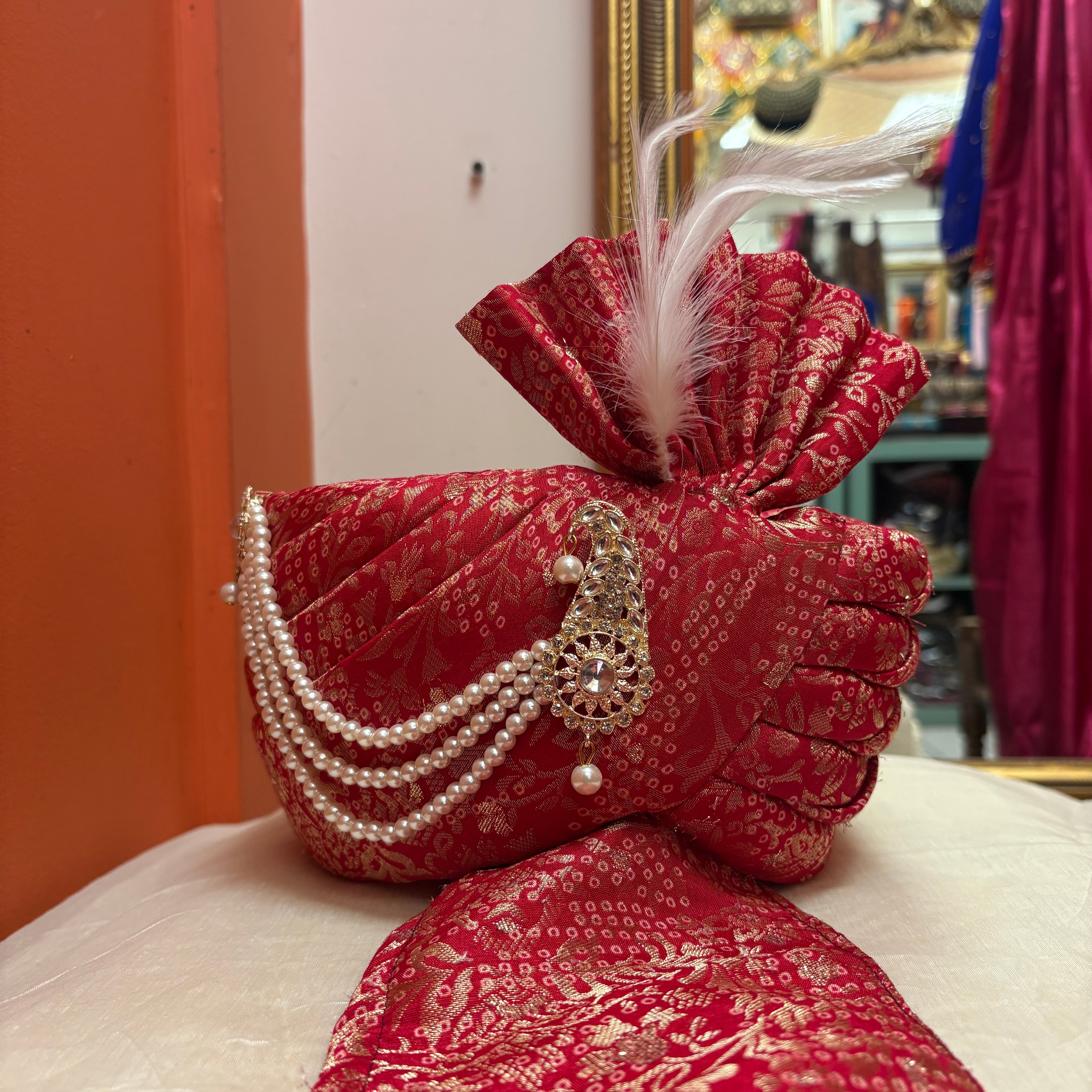 YD Red Brocade Pagadi Turban - Vintage India NYC