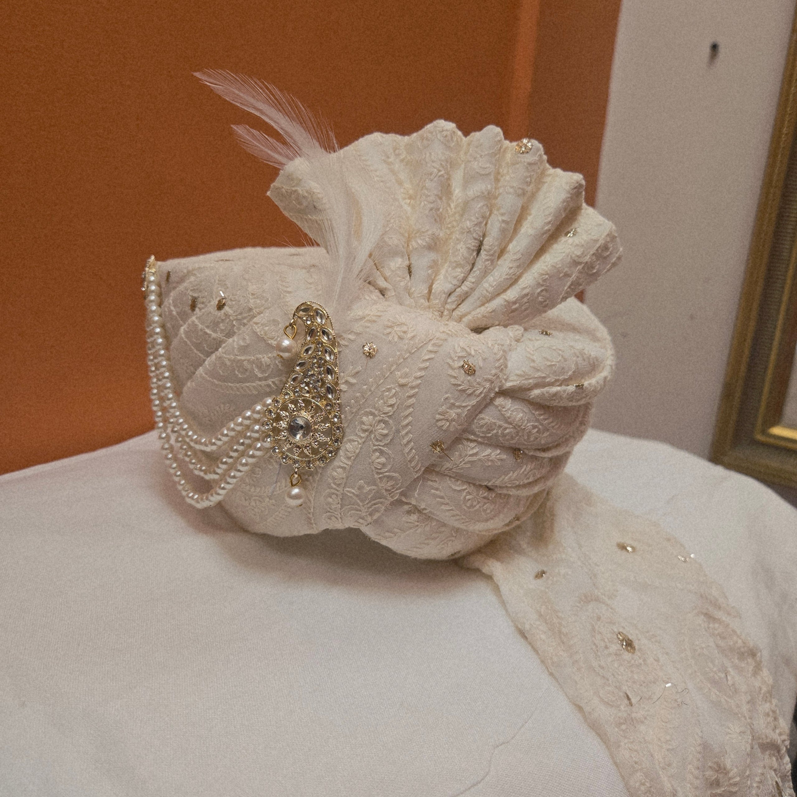 YD Ivory Lucknowi Pagadi Turban - Vintage India NYC